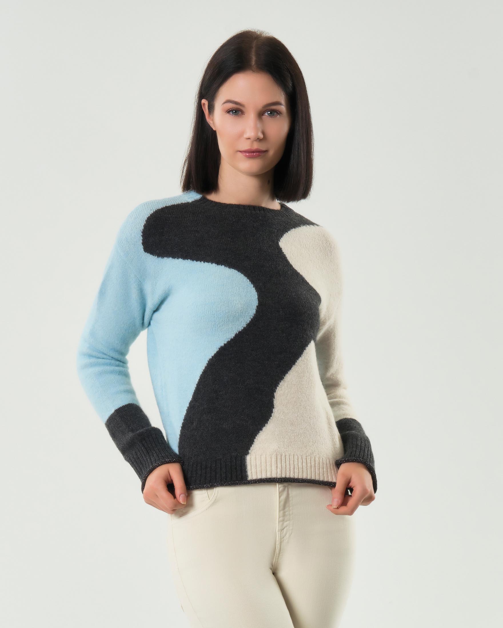 Maglia grigia in misto lana Emme Marella a fantasia a onde azzurra e avorio