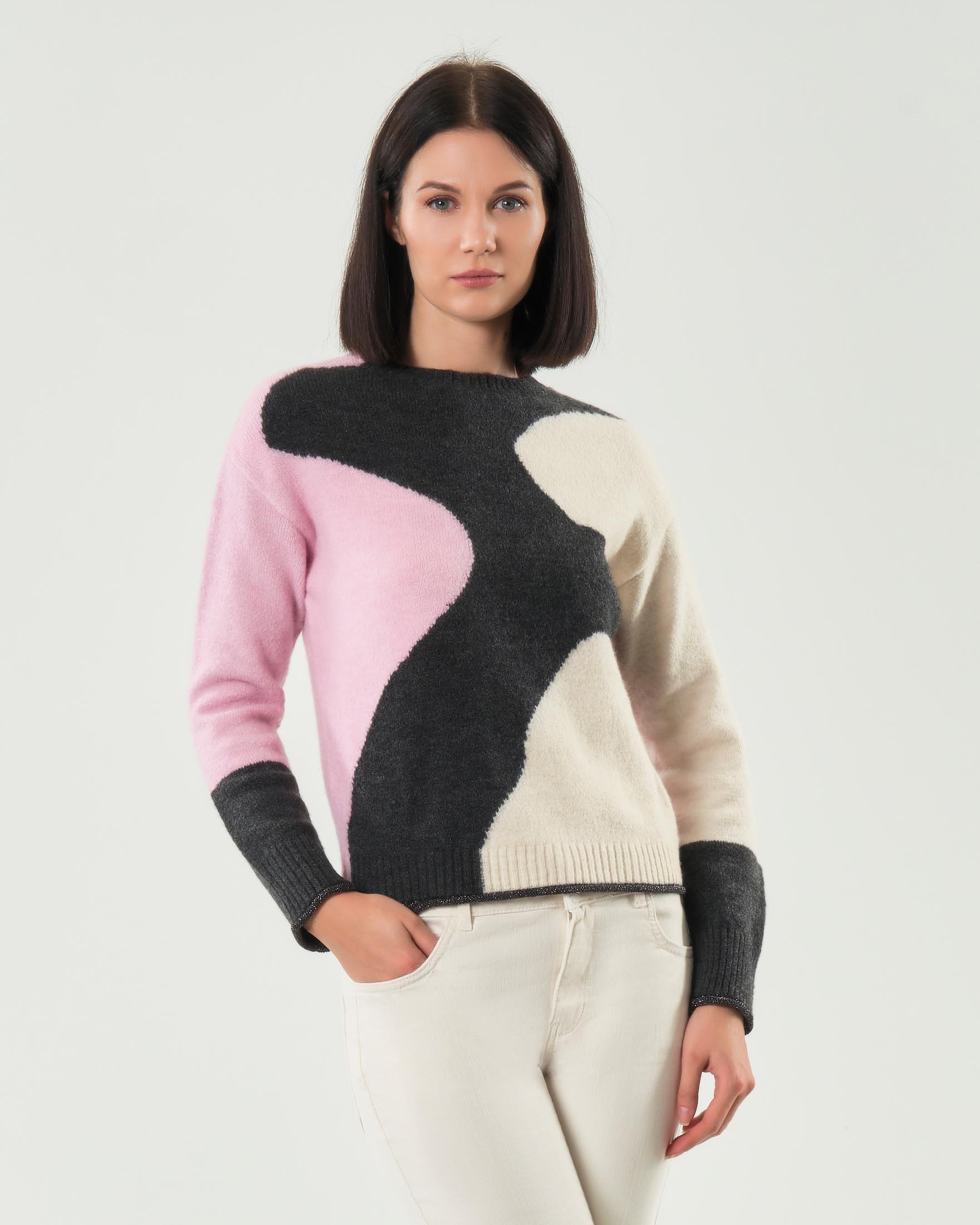 Maglia grigia in misto lana Emme Marella a fantasia a onde rosa e avorio