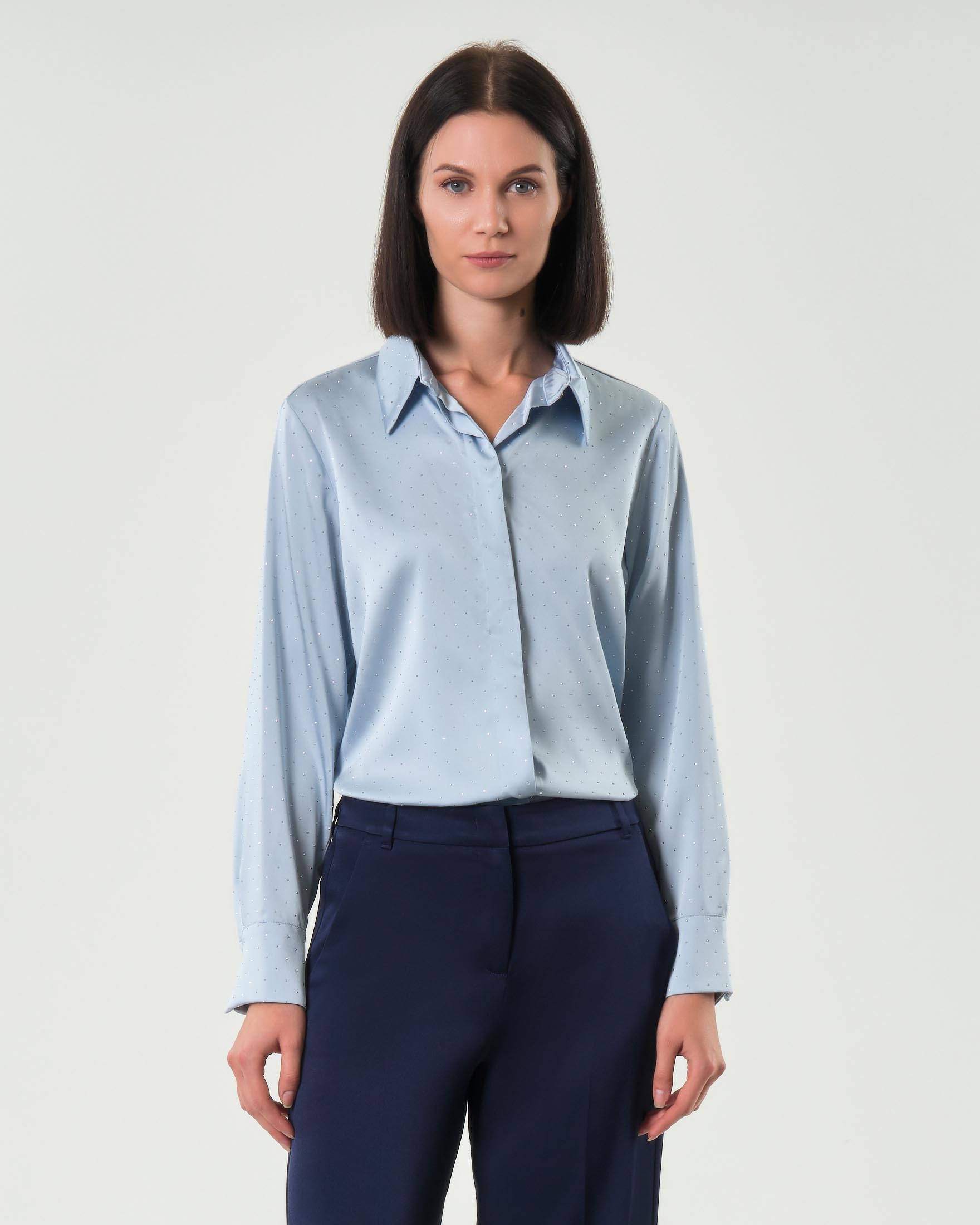 Camicia azzurra Emme Marella in raso con strass applicati sul davanti