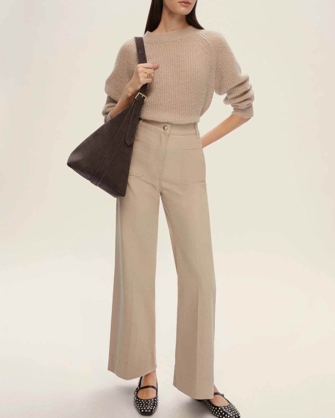 Pantaloni palazzo color sabbia Emme Marella in bull di cotone stretch a vita alta con taschini applicati