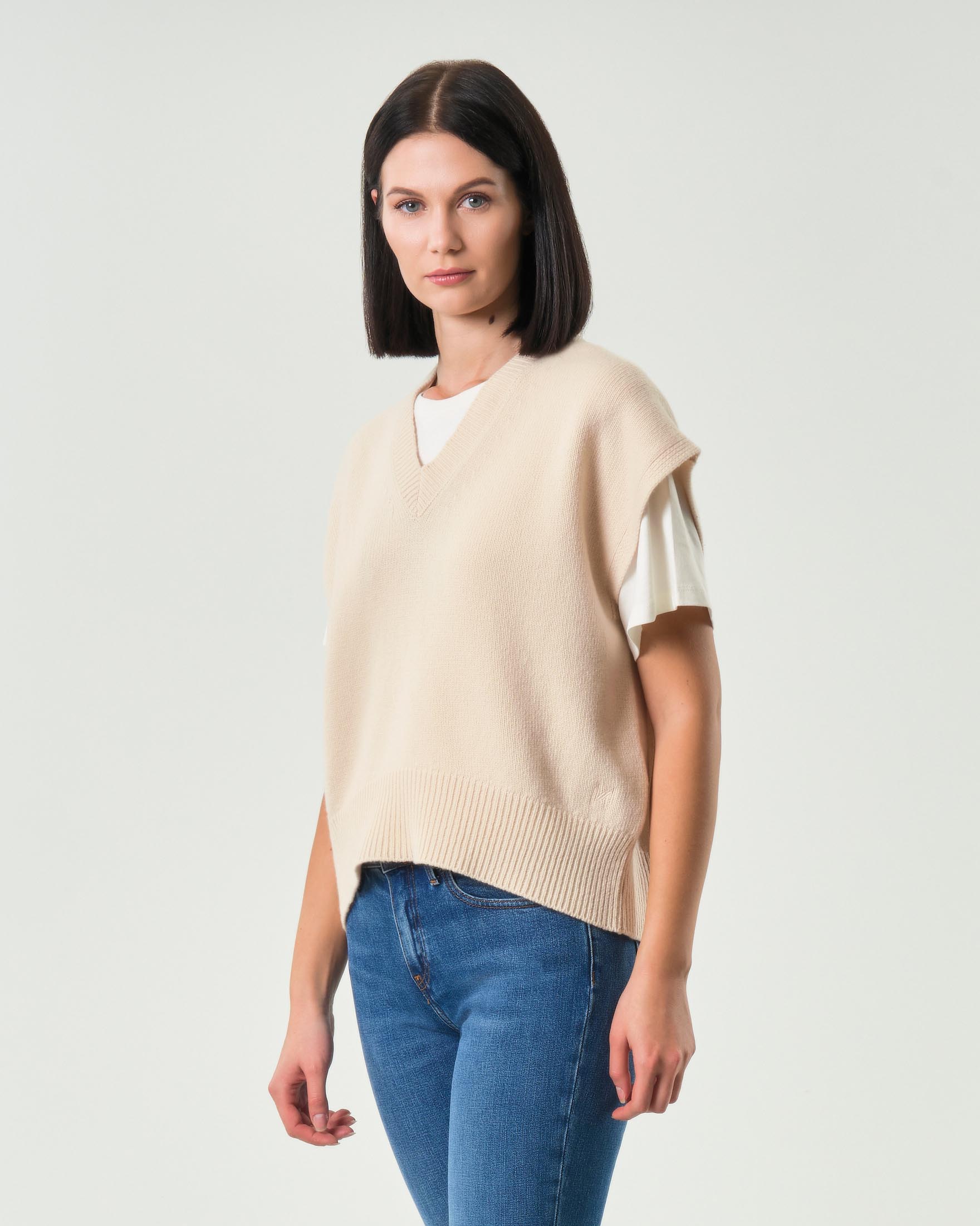 Gilet color panna Marella MONOCHROME in pura lana con scollo a V e profili a coste