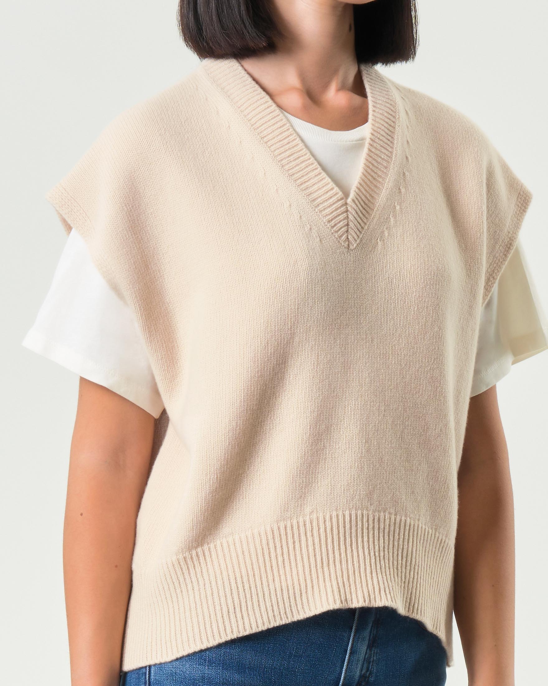 Gilet color panna Marella MONOCHROME in pura lana con scollo a V e profili a coste image