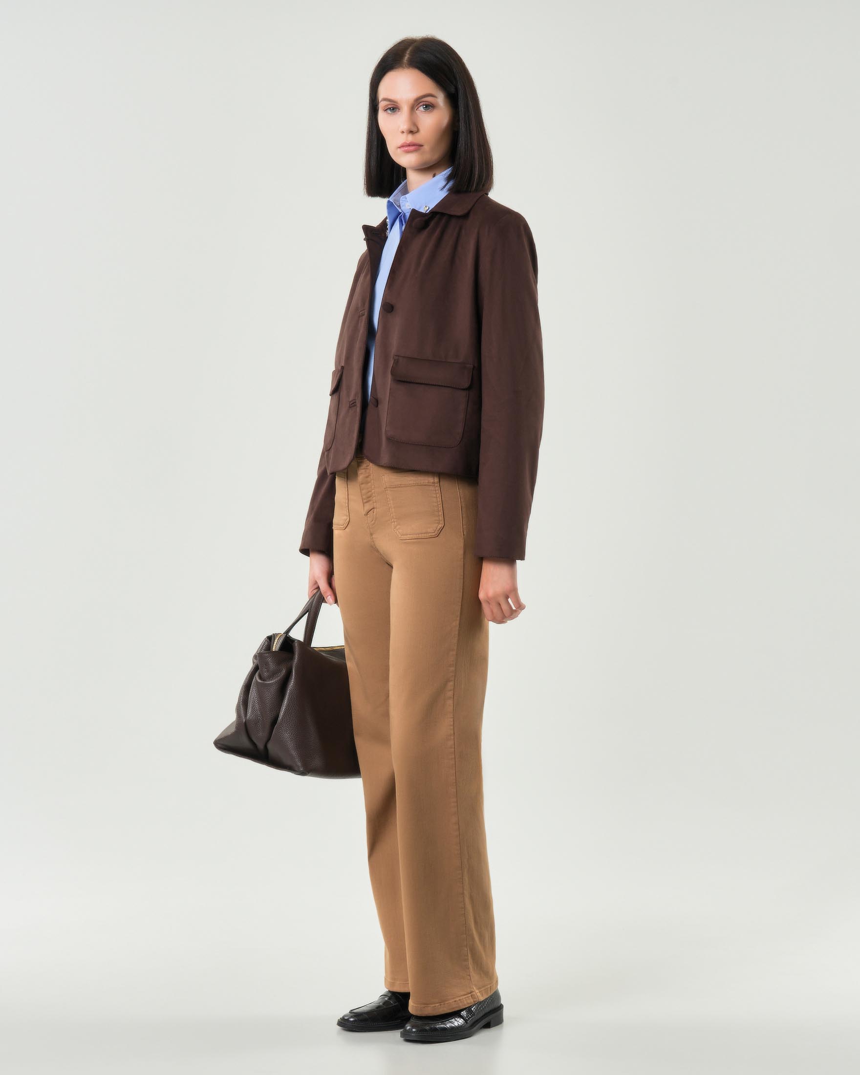 Giacca marrone Marella in tessuto effetto suede con tasche laterali con patta image