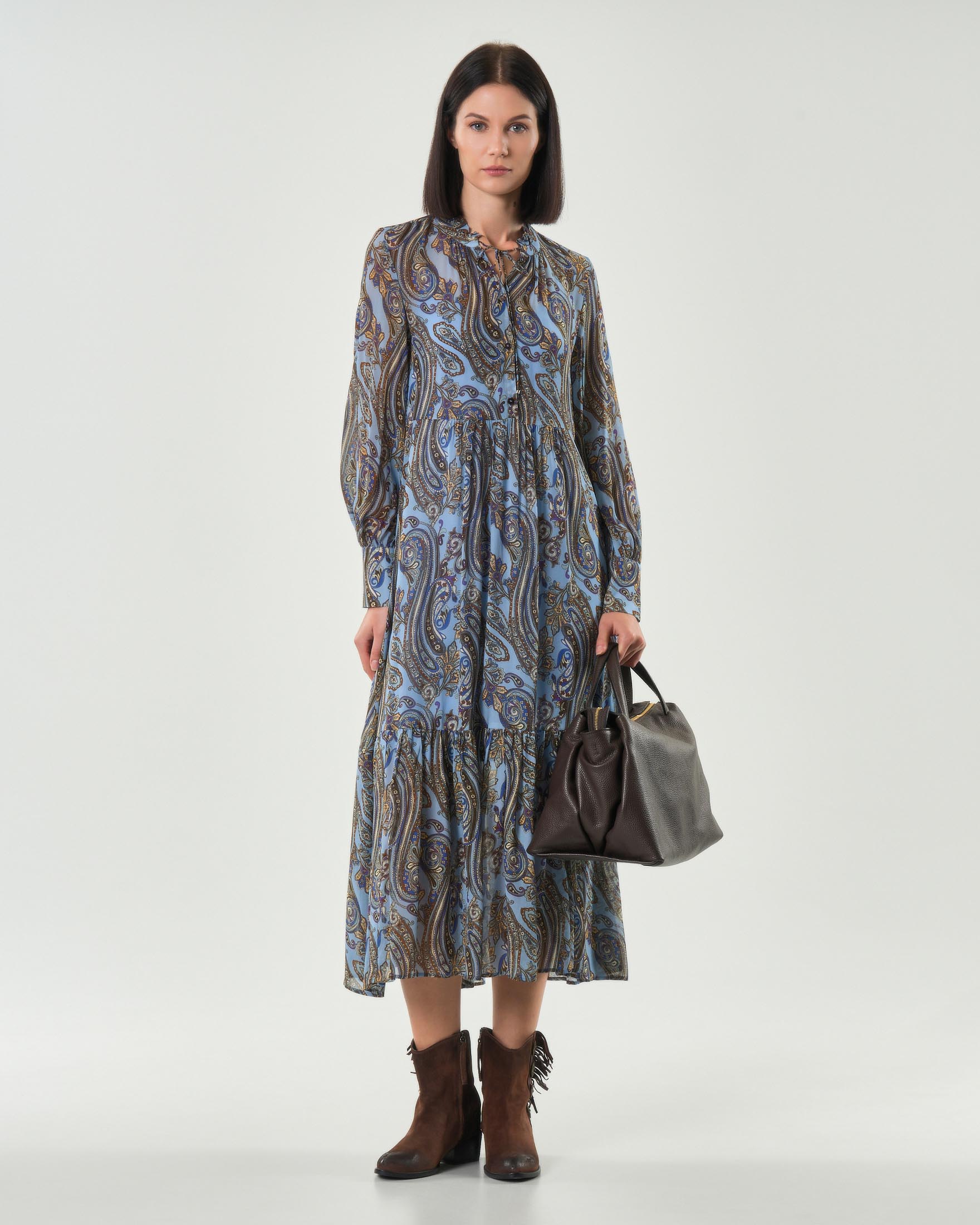 Abito lungo azzurro Marella in georgette di viscosa a disegni cachmere marrone con scollo a V