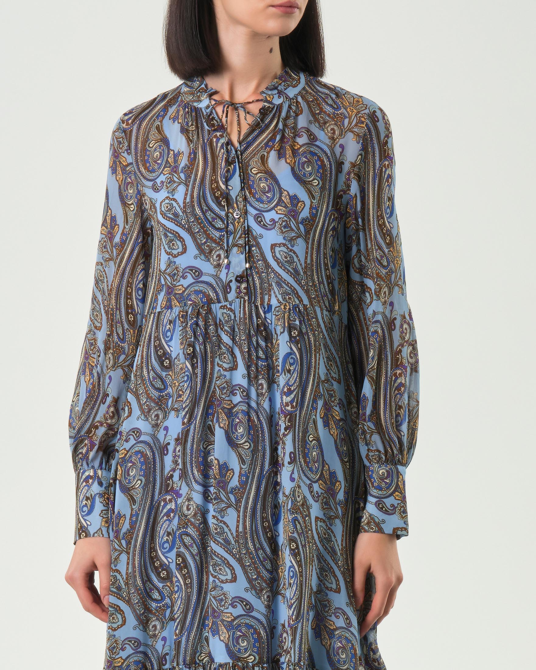 Abito lungo azzurro Marella in georgette di viscosa a disegni cachmere marrone con scollo a V image