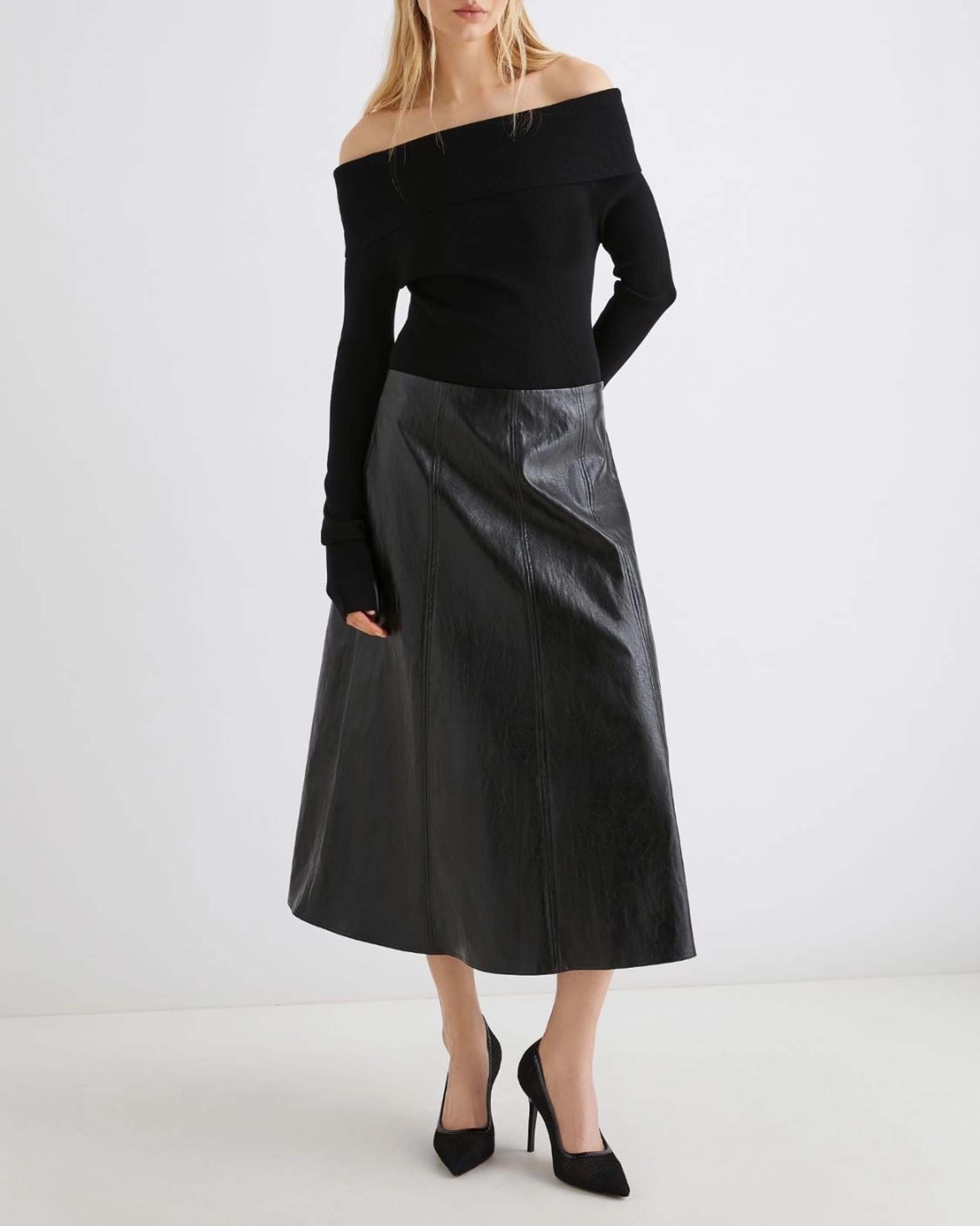 Gonna midi svasata nero Marella in simipelle a pannelli con impunture a vista