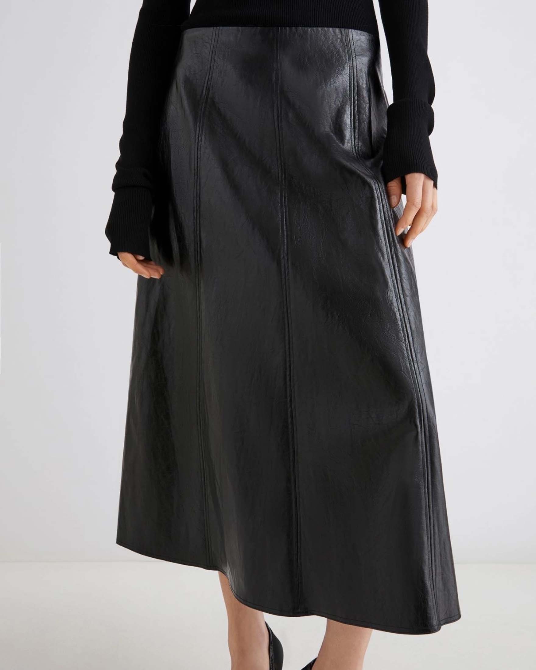 Gonna midi svasata nero Marella in simipelle a pannelli con impunture a vista image