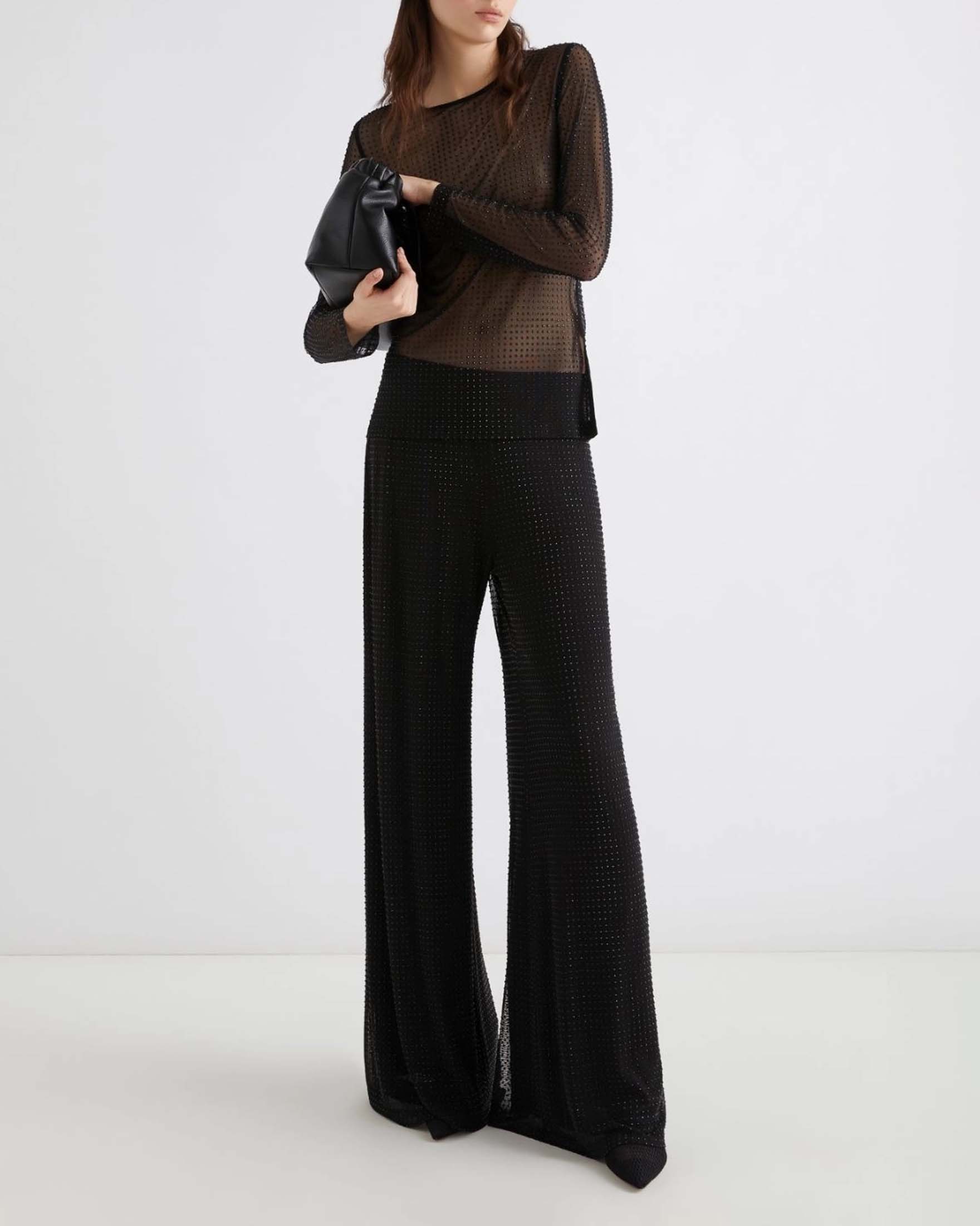 T-shirt nera Marella in tulle a maniche lunghe con applicazioni in cristalli all over