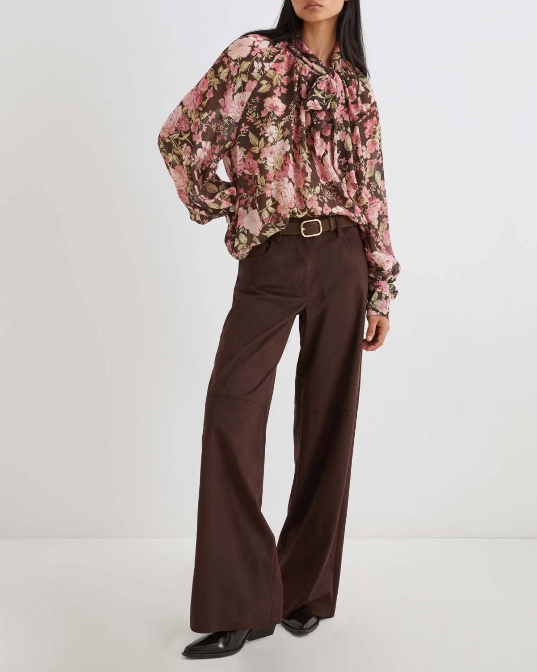 Pantaloni wide marroni Marella in jersey effetto suede