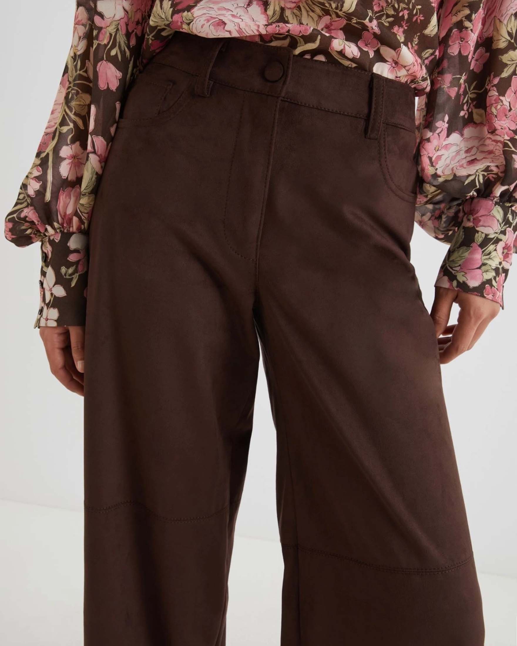 Pantaloni wide marroni Marella in jersey effetto suede image