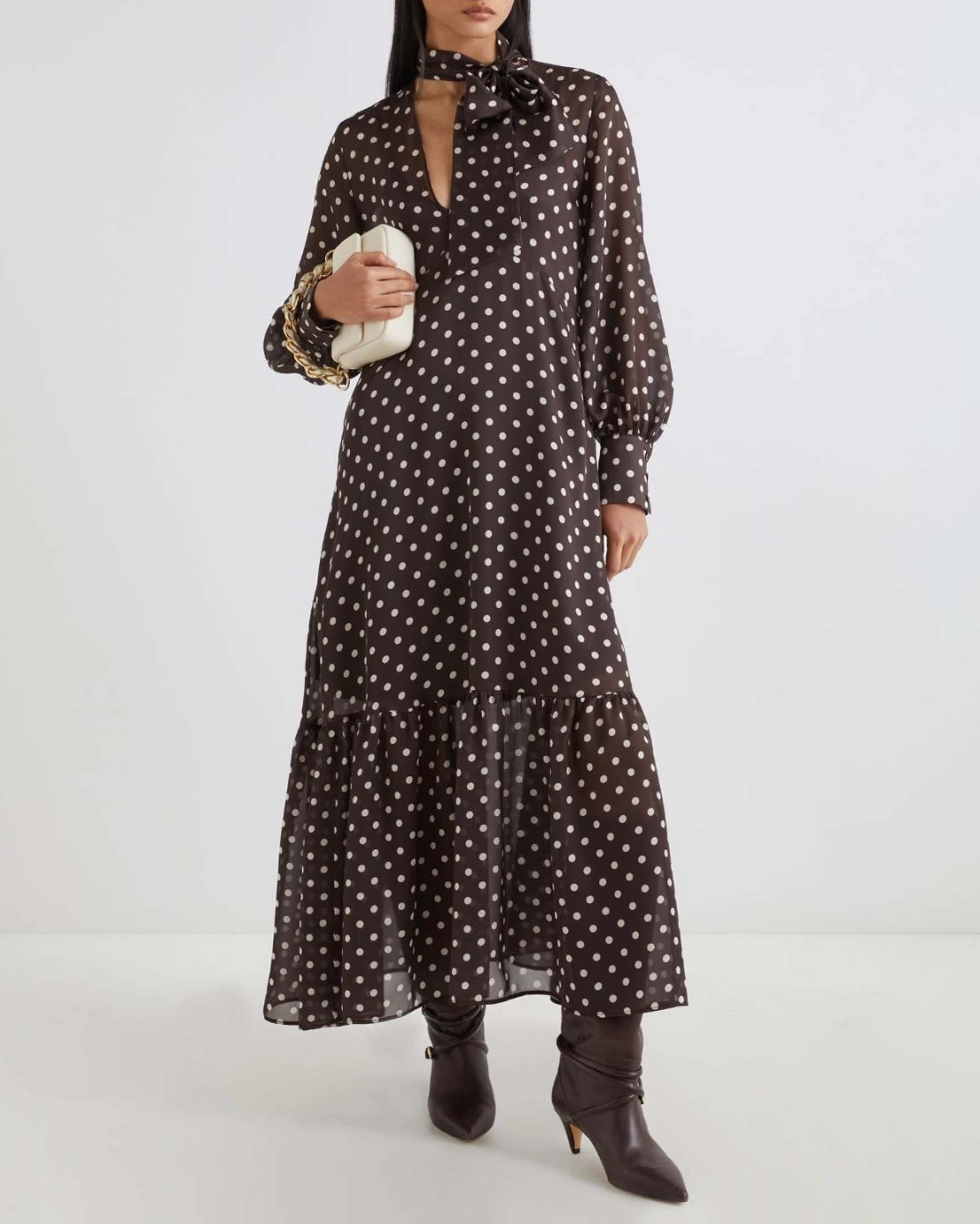 Abito lungo marrone a pois avorio Marella con maniche lunghe e balza al fondo