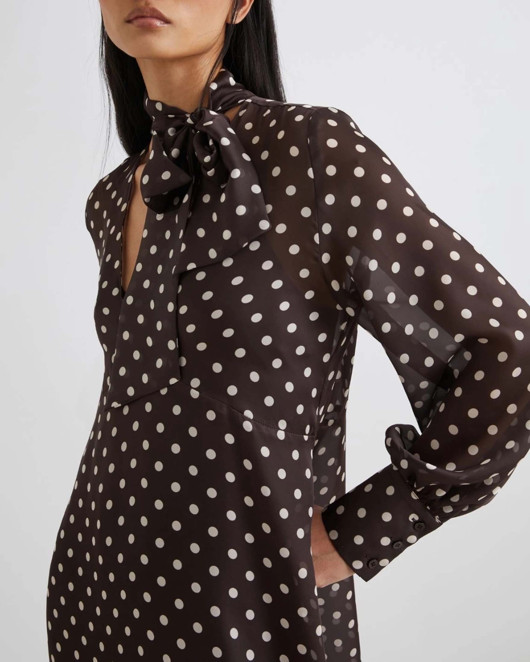 Abito lungo marrone a pois avorio Marella con maniche lunghe e balza al fondo image