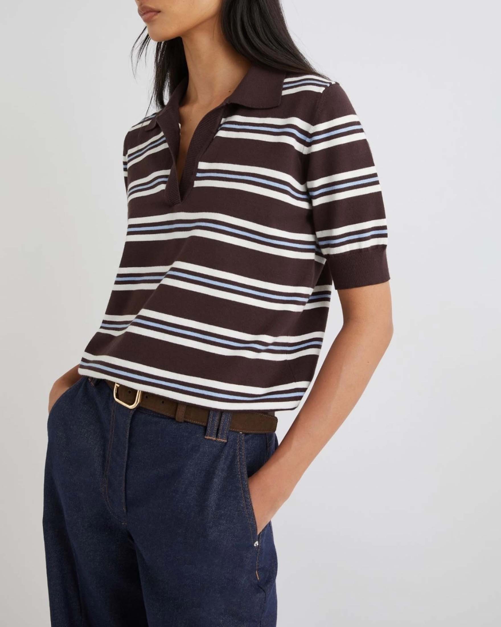 Polo bordeaux a maniche corte Marella in misto viscosa a righe bianche