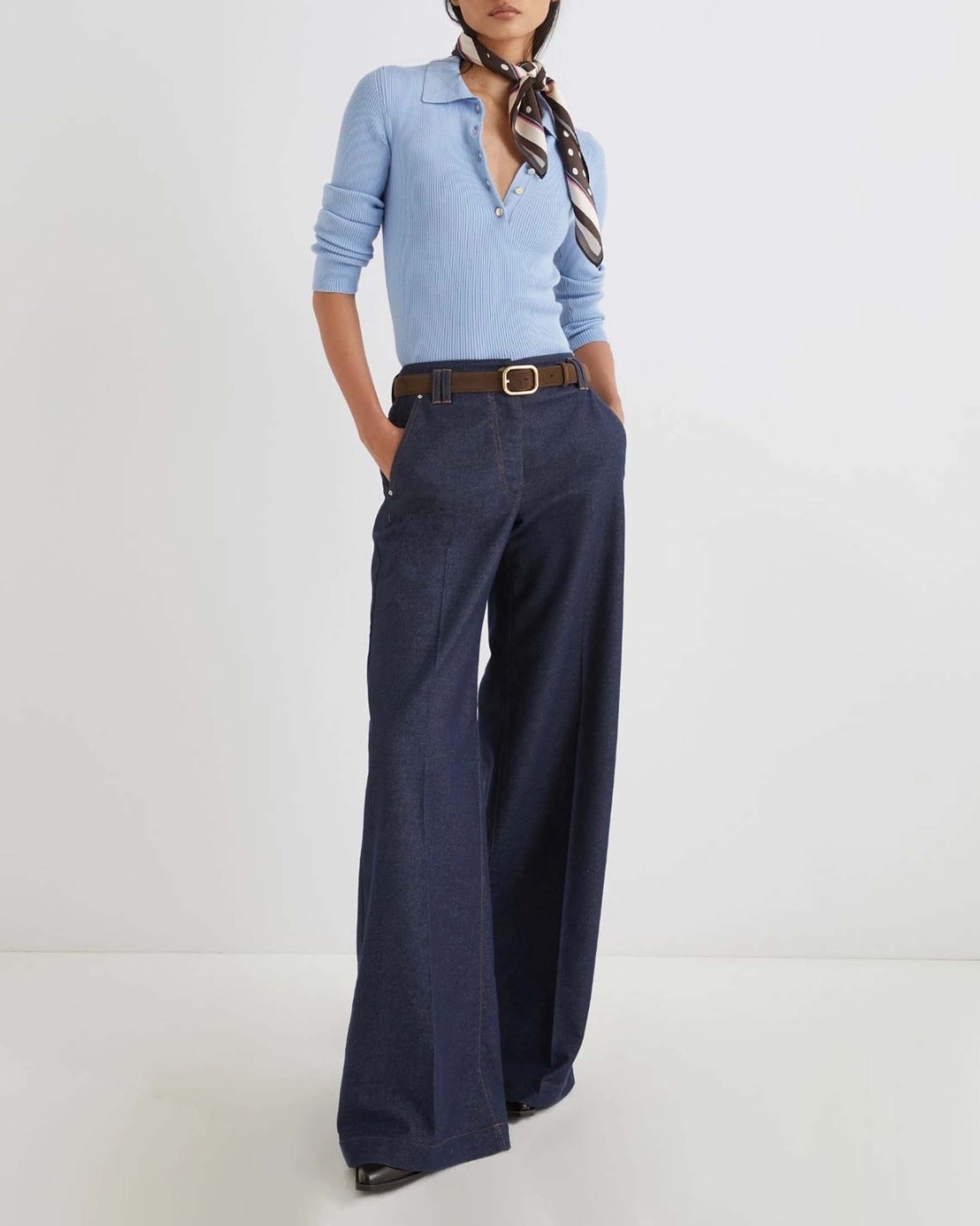 Pantaloni blu super wide Marella in misto cotone stretch effetto demin con cuciture a contrasto