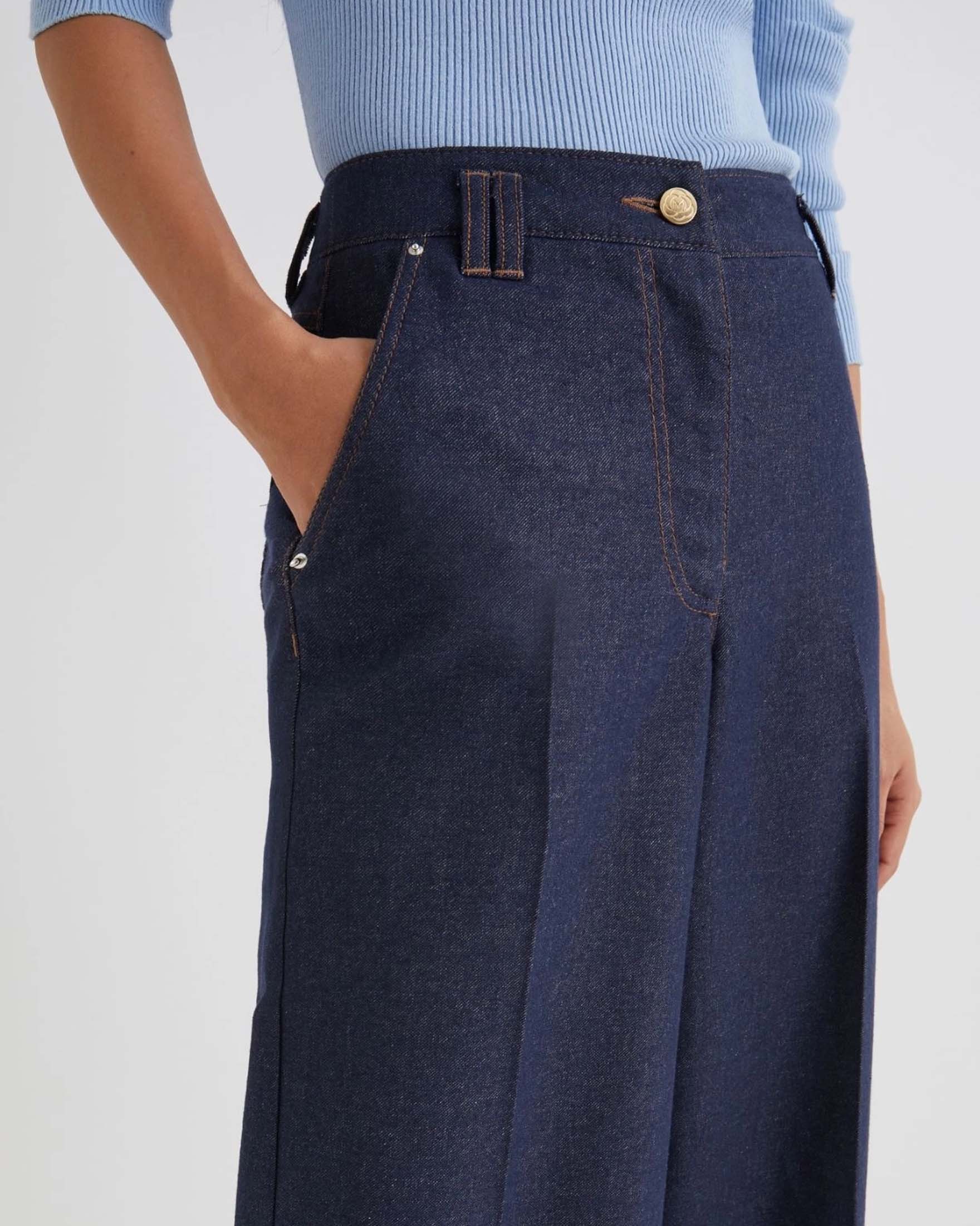 Pantaloni blu super wide Marella in misto cotone stretch effetto demin con cuciture a contrasto image