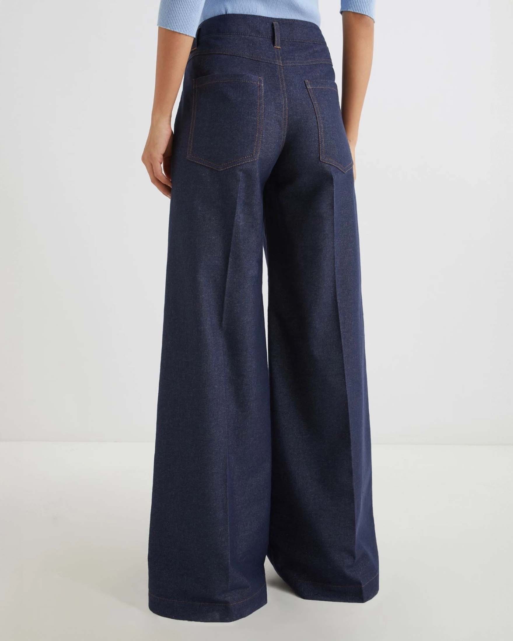 Pantaloni blu super wide Marella in misto cotone stretch effetto demin con cuciture a contrasto