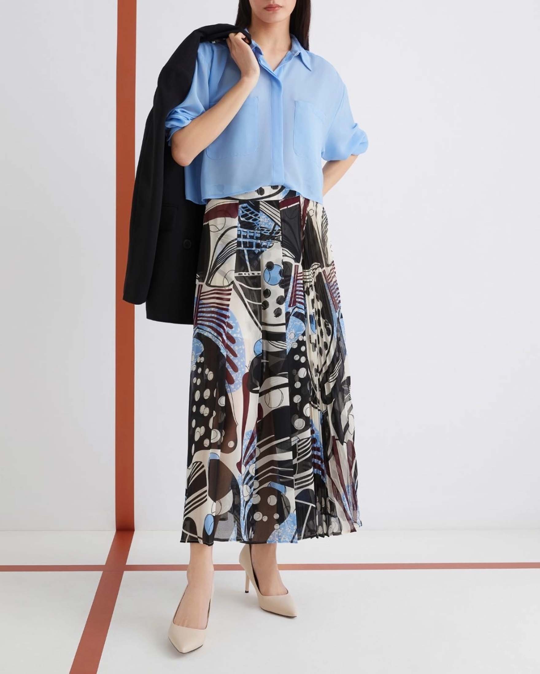 Gonna lunga a pieghe Marella 365 a fantasia azzurra nera e bordeux ball machine