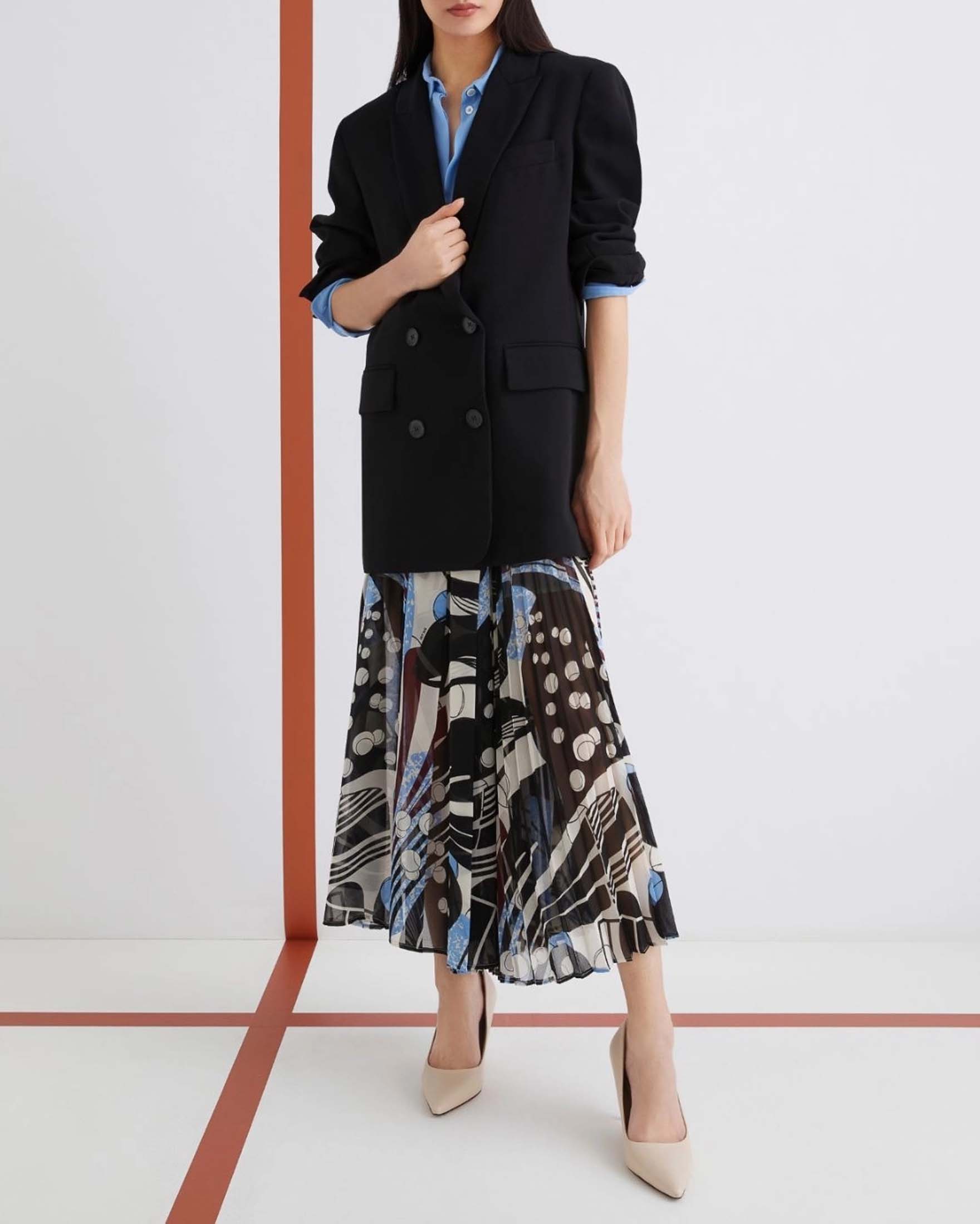 Gonna lunga a pieghe Marella 365 a fantasia azzurra nera e bordeux ball machine image