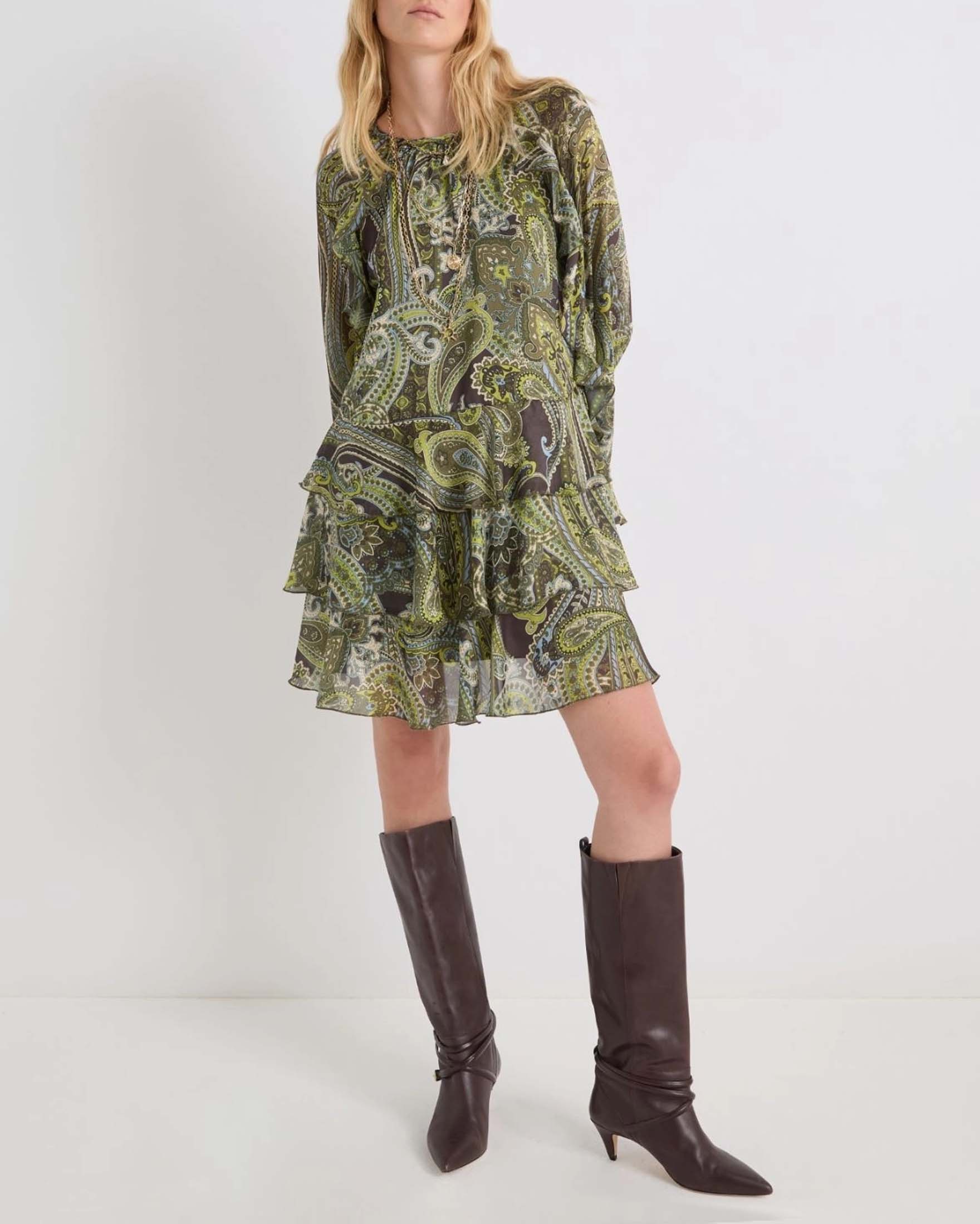 Abito corto verde Marella in chiffon a disegni cachmere con maniche lunghe e gonna a balze