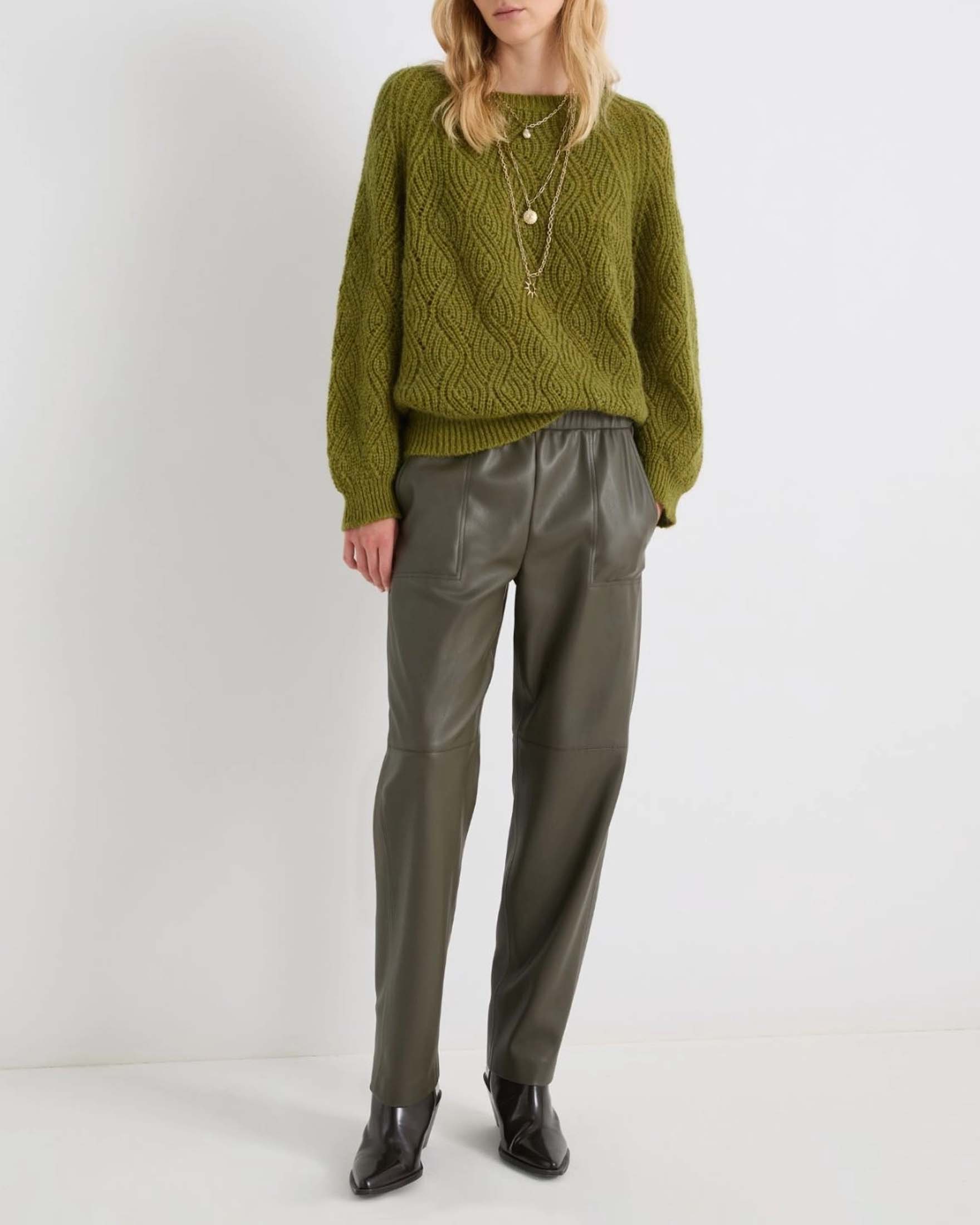 Pantaloni verde khaki Marella in similpelle dalla linea a ballon con elastico inserito in vita