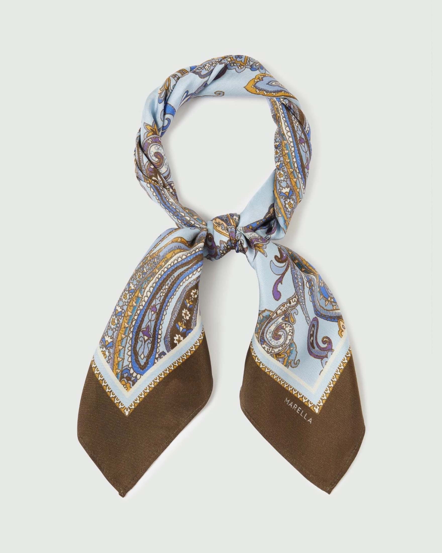 Foulard azzurro in seta Marella a disegni cachmere e profili marroni