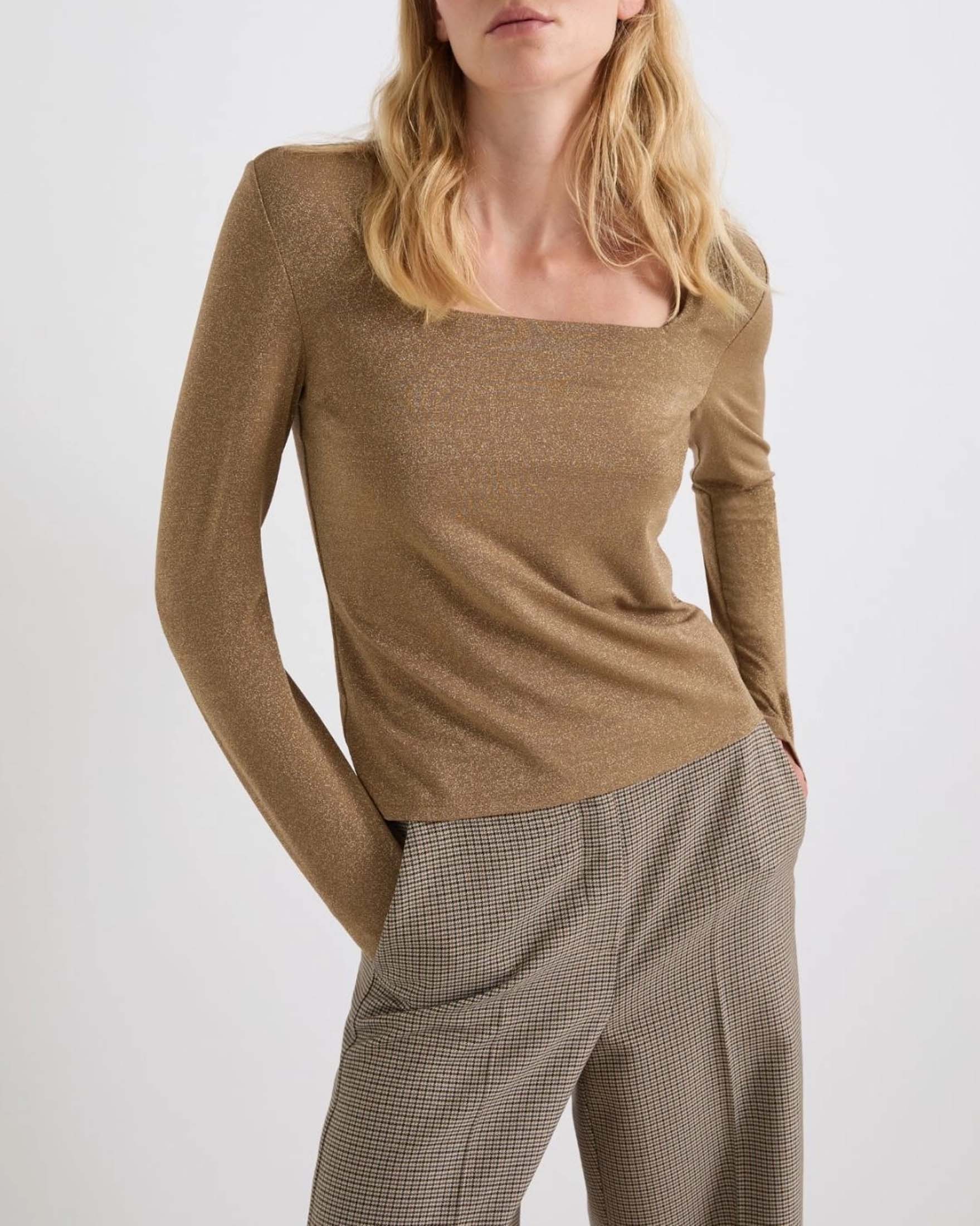 T-shirt color oro Marella in lurex di viscosa con maniche lunghe e scollo squadrato