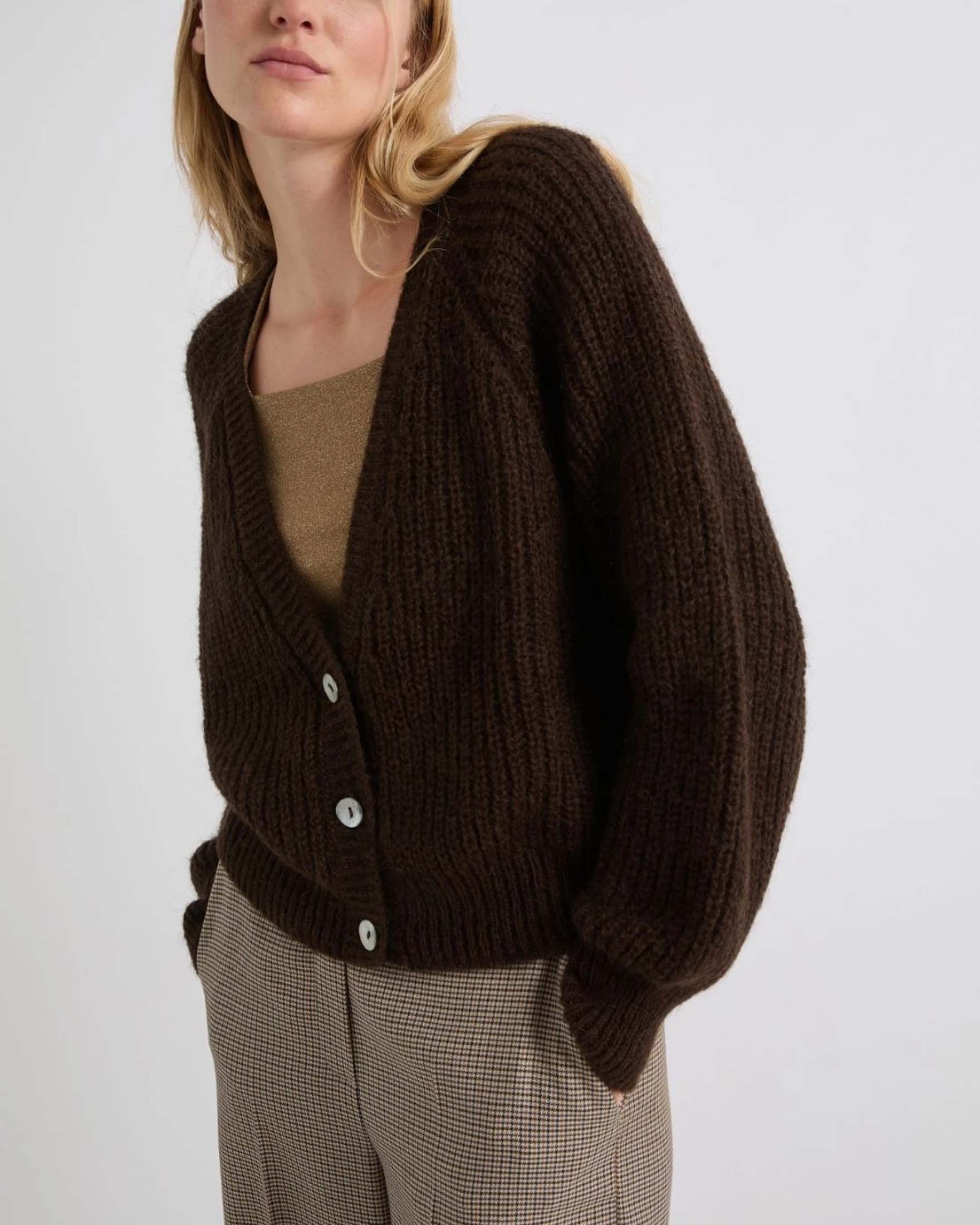 Cardigan marrone Marella in misto alpaca a coste con scollo a V