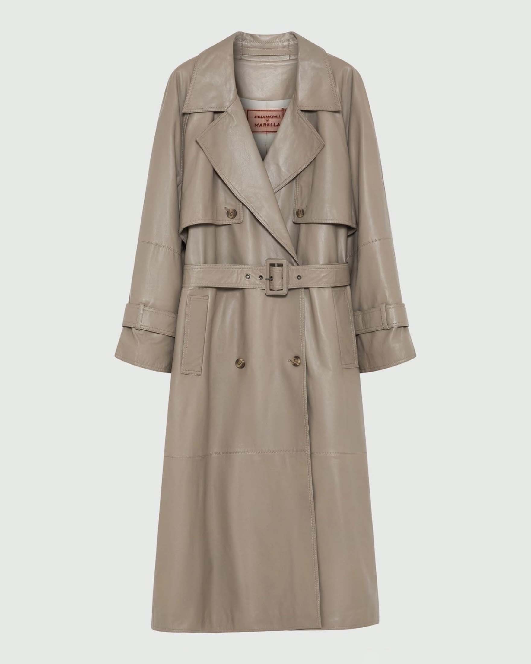 Trench color taupe in pelle Stella x Marella con cintura in vita