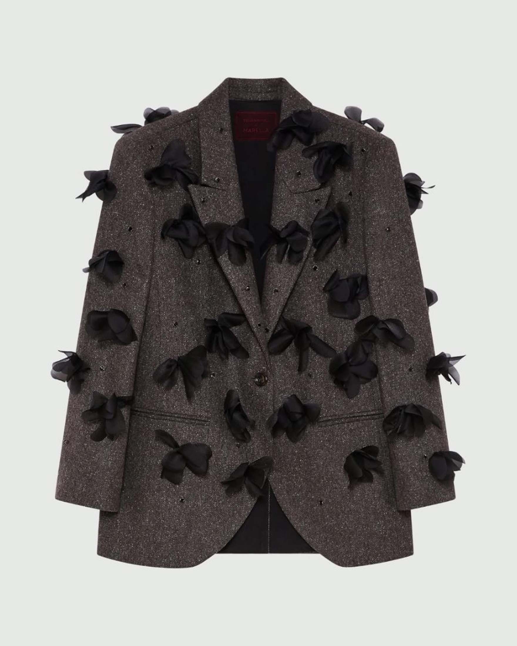 Blazer marrone in tweed Stella x Marella in lana vergine con fiocchi in tulle neri