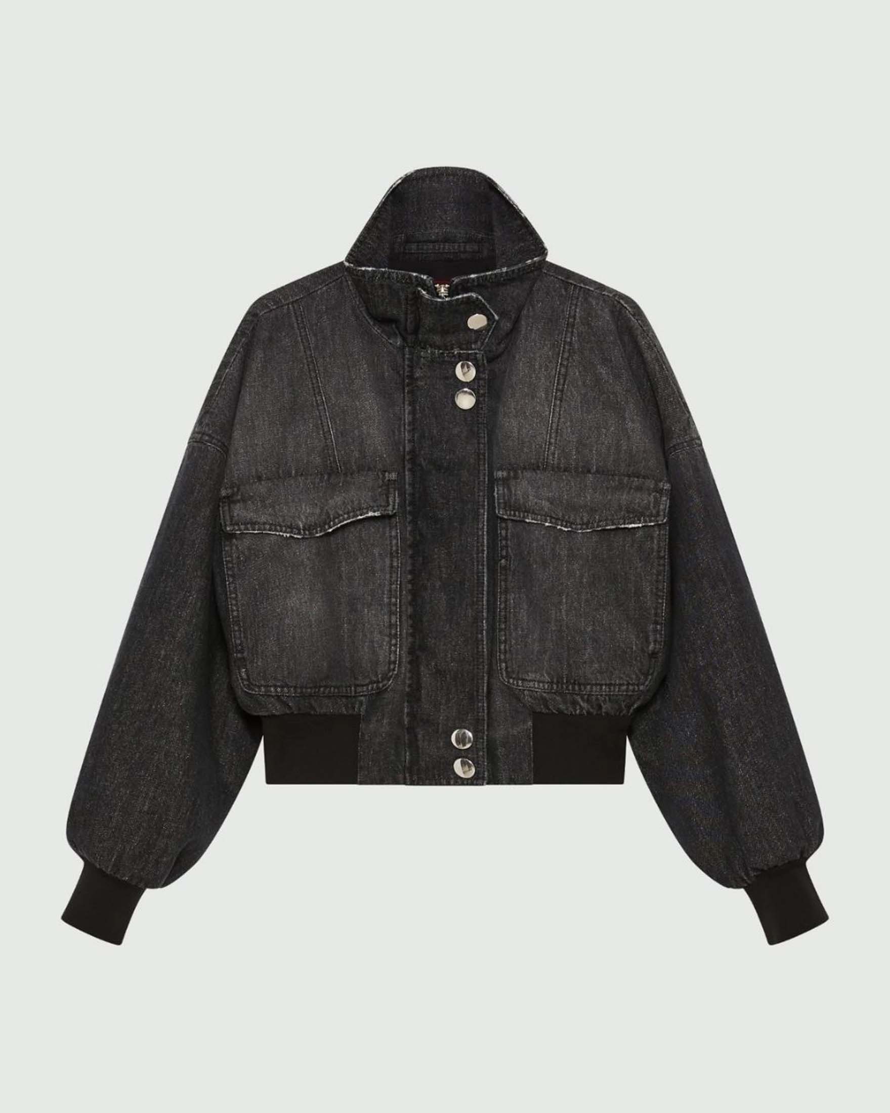 Giubbino corto Stella x Marella nero delavè in denim di cotone con collo alto e maxi tasche con patta