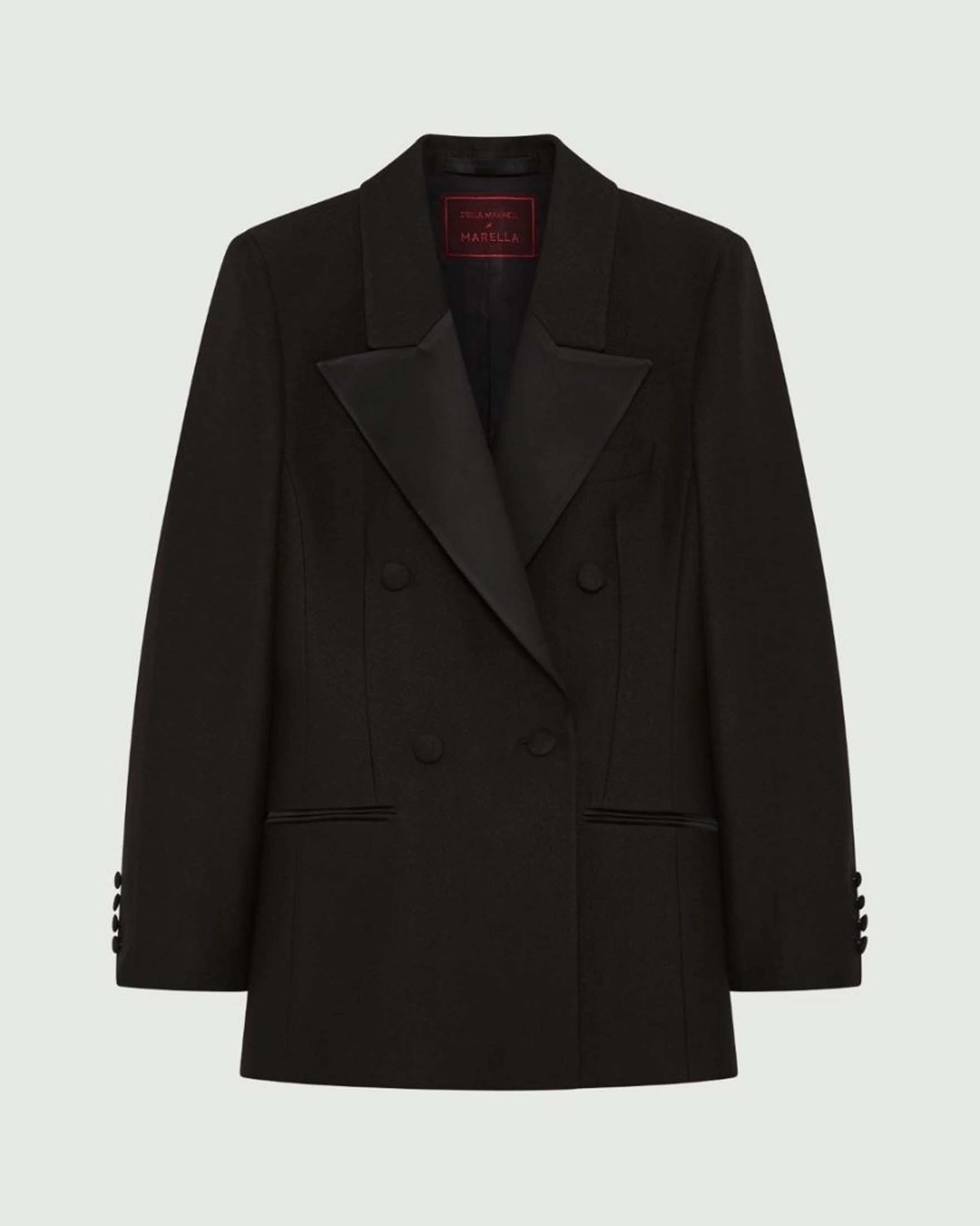 Blazer doppiopetto nero Stella x Marella in sablé di lana e viscosa con dettagli in raso