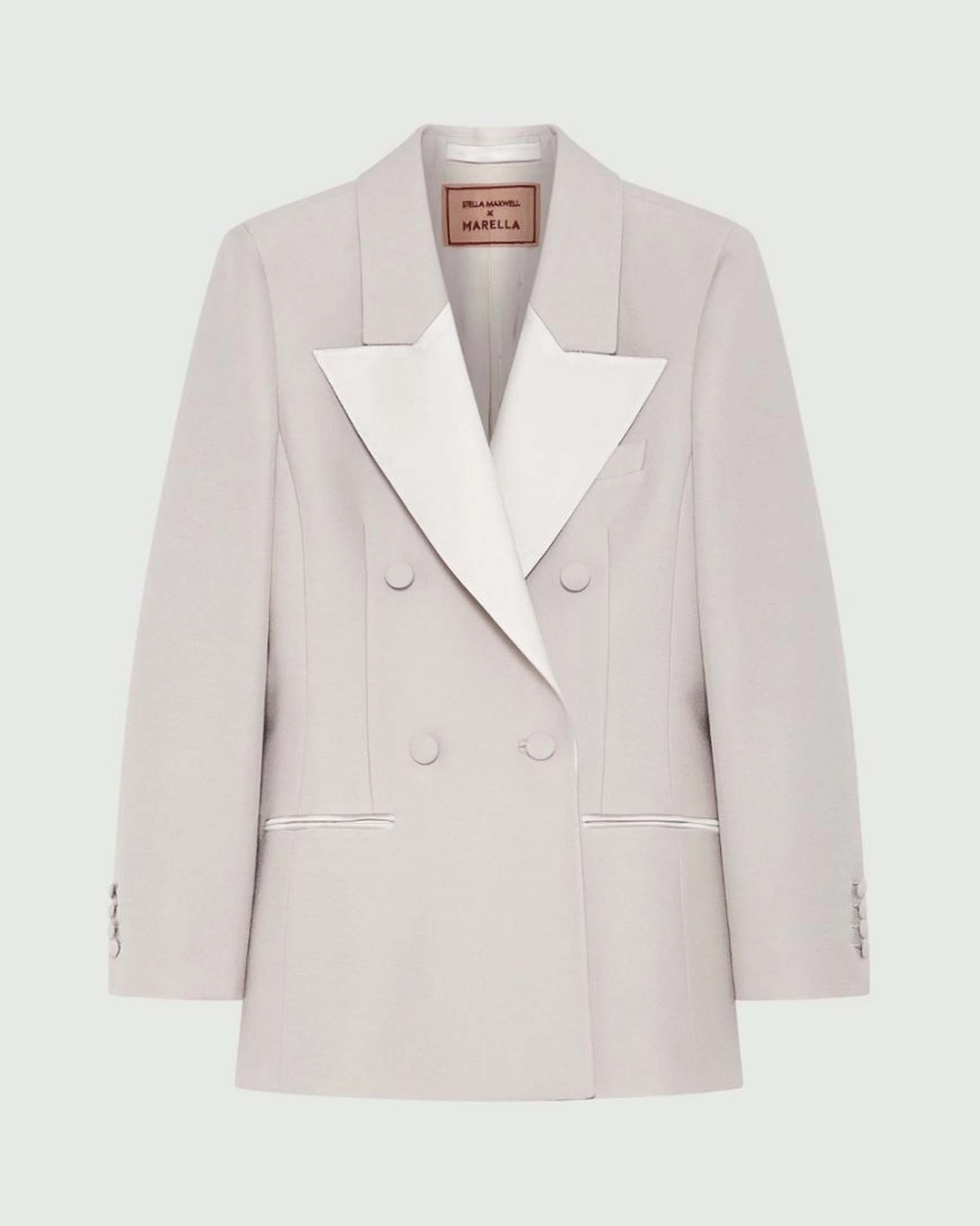 Blazer doppiopetto color avorio Stella x Marella in sablé di lana e viscosa con dettagli in raso