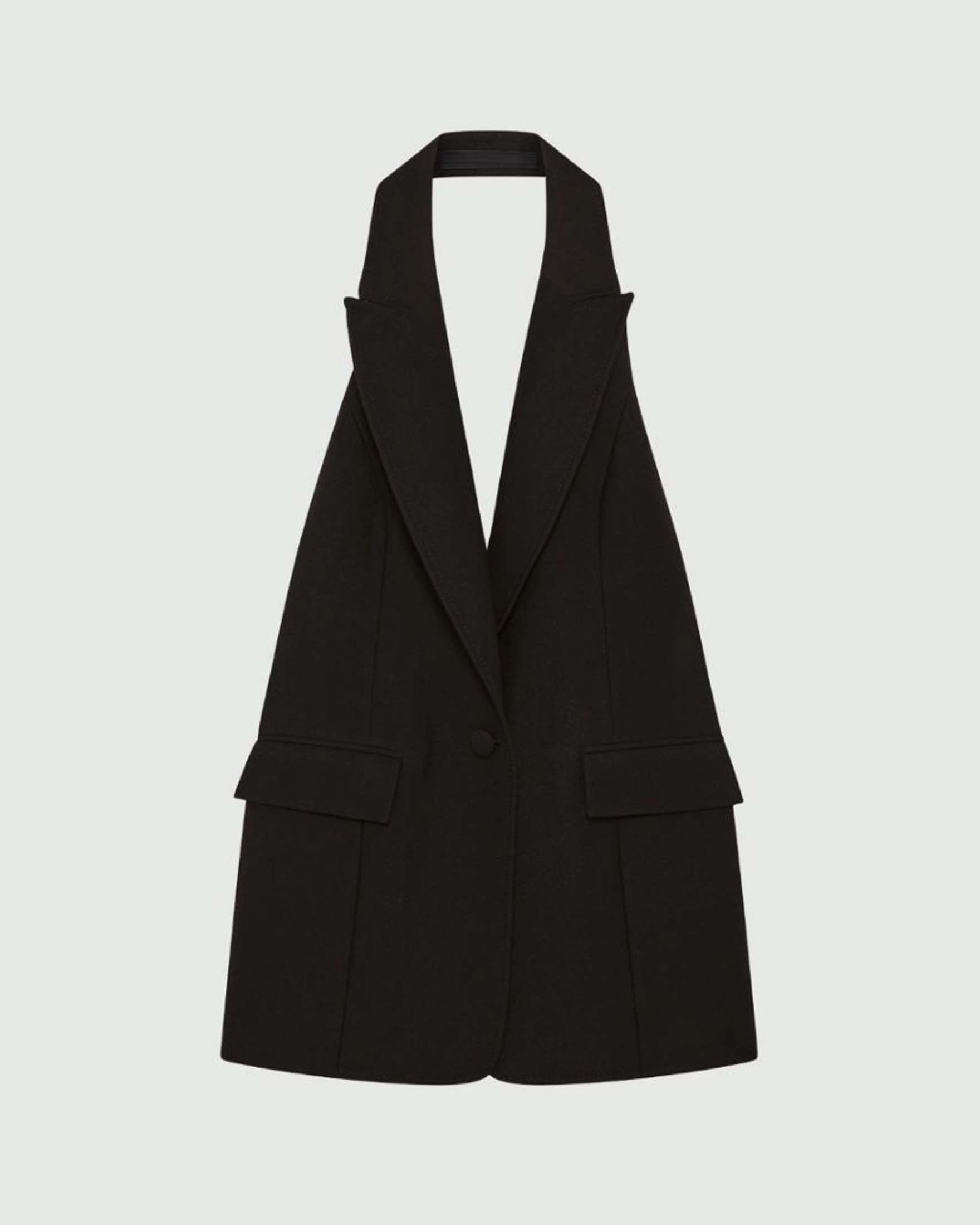 Top gilet nero Stella x Marella in sablé di lana e viscosa con schiena scollata