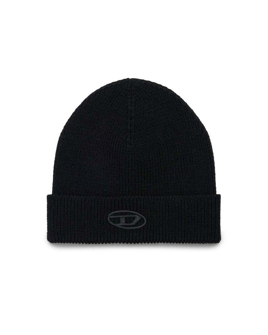 Berretto Diesel nero in maglia a costine con logo oval D