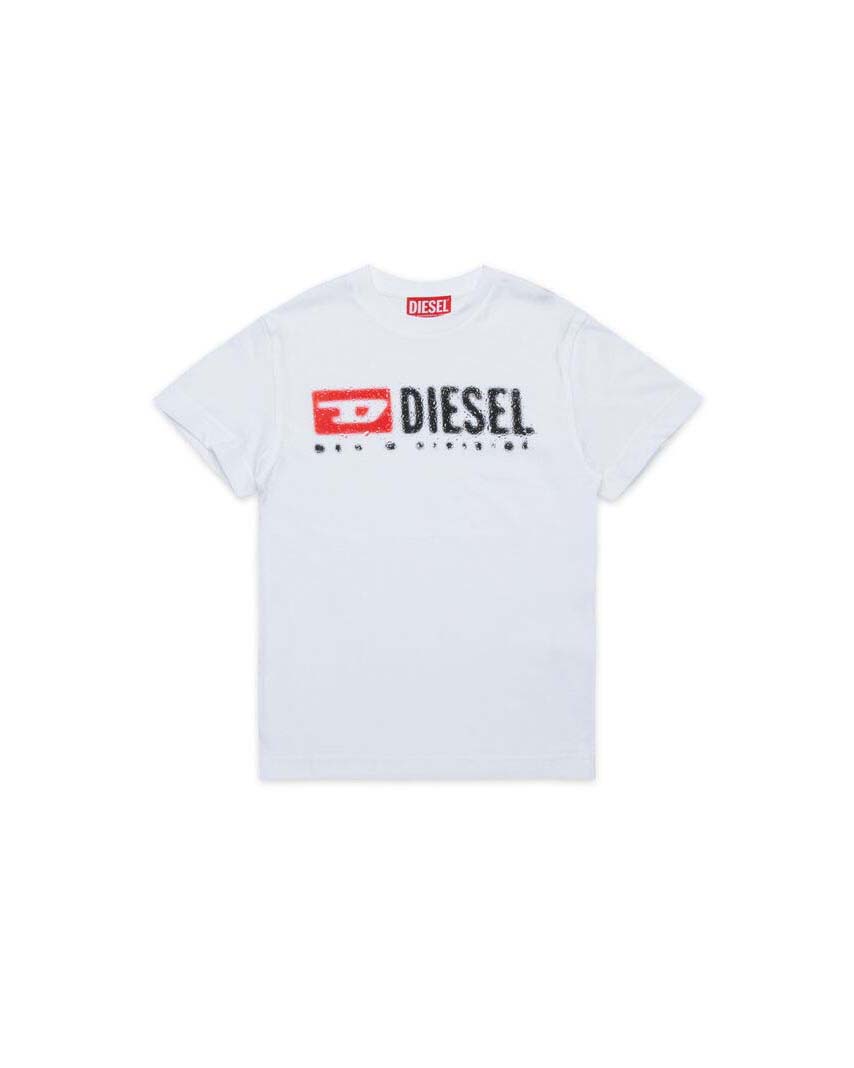 T-shirt Diesel bianca mezza manica in cotone con logo pioggia nero
