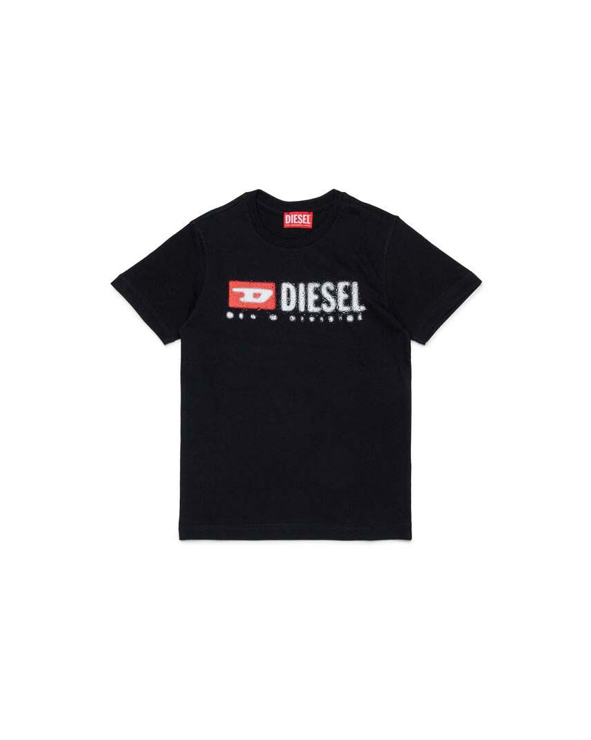 T-shirt Diesel nera mezza manica in cotone con logo pioggia bianco