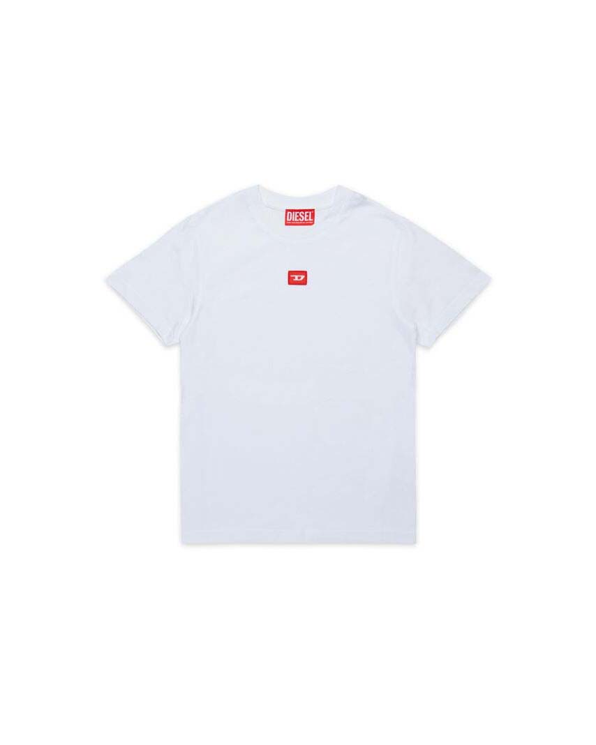 T-shirt Diesel bianca mezza manica con mini patch logo rosso