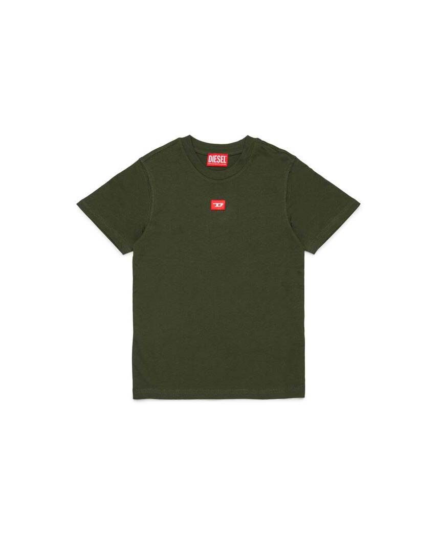 T-shirt Diesel verde militare mezza manica con mini patch logo rosso