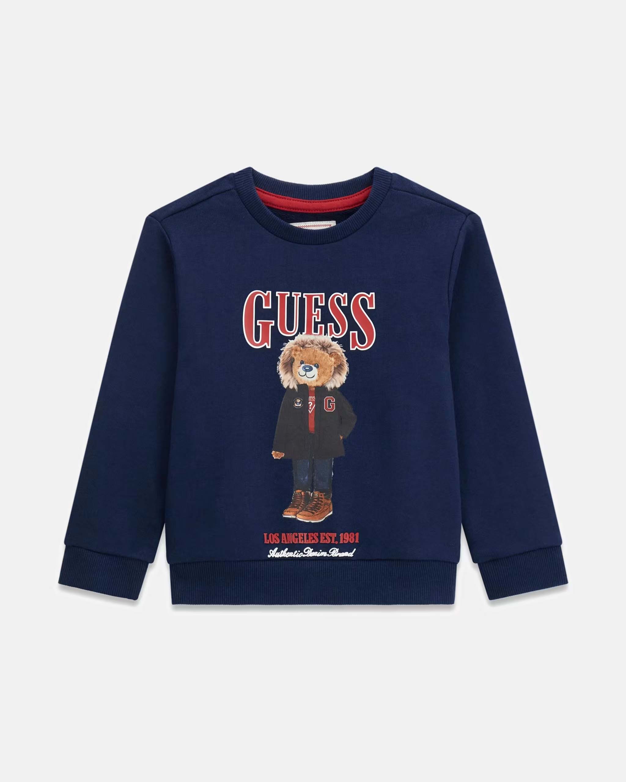 Felpa Guess blu a manica lunga in puro cotone con orsetto e scritta logo