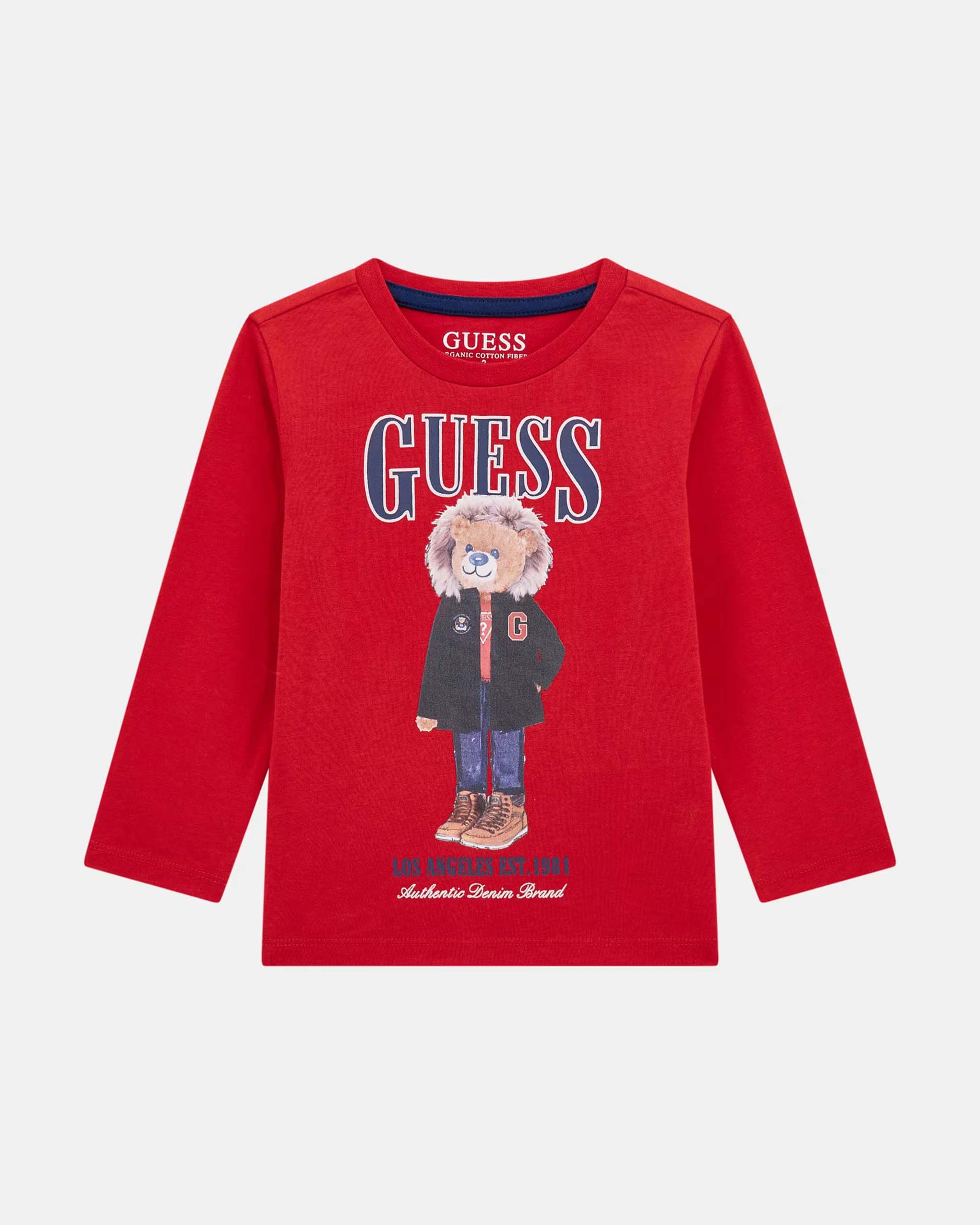 T-shirt rossa Guess a maniche lunghe con stampa orsetto e maxi scritta logo