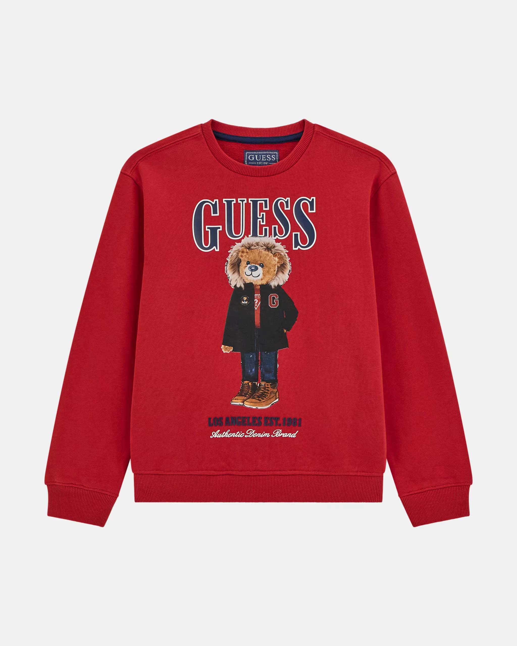 Felpa rossa Guess a maniche lunghe con stampa orsetto e maxi scritta logo