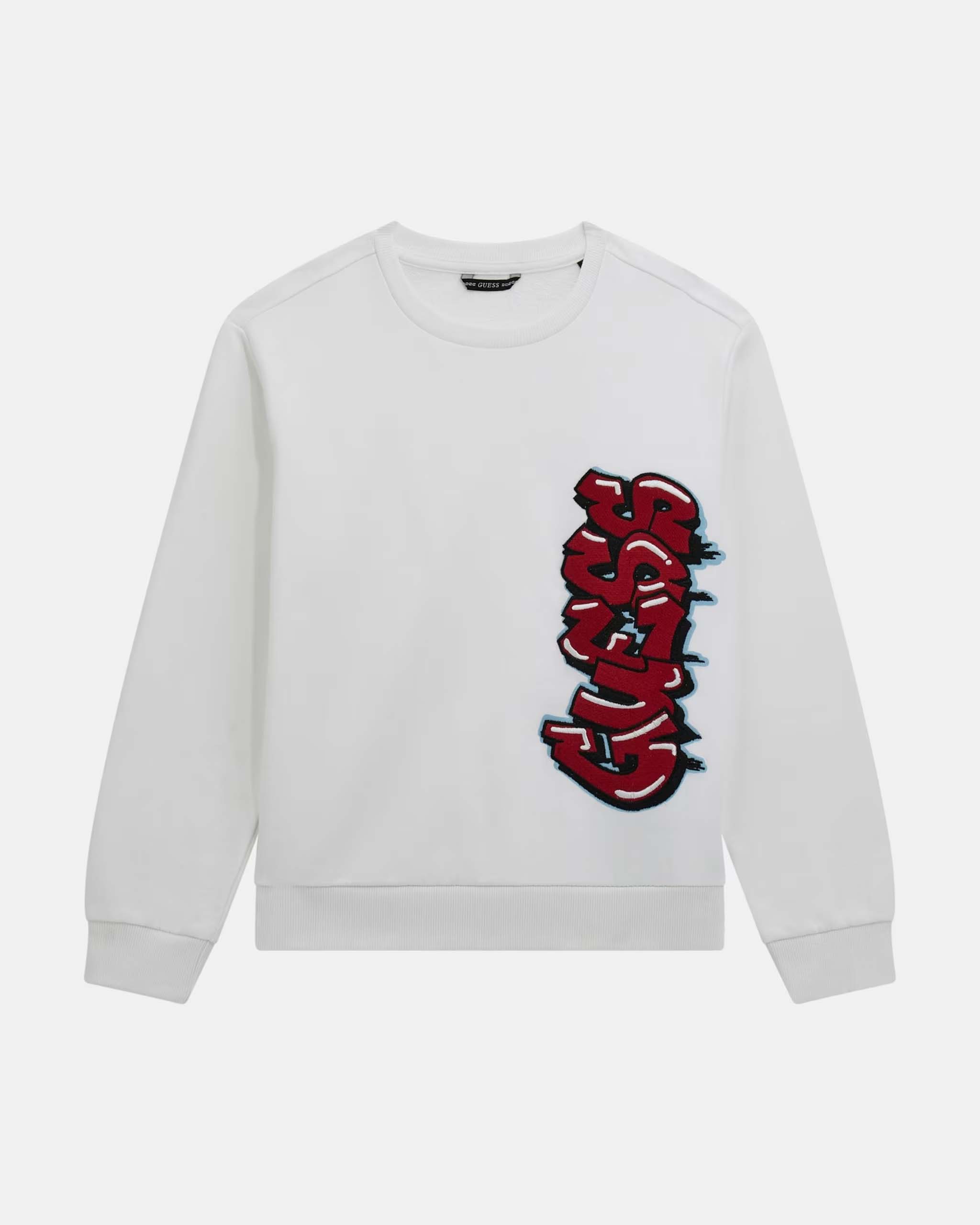 Felpa Guess bianca a maniche lunghe in cotone con scritta logo graffito rossa