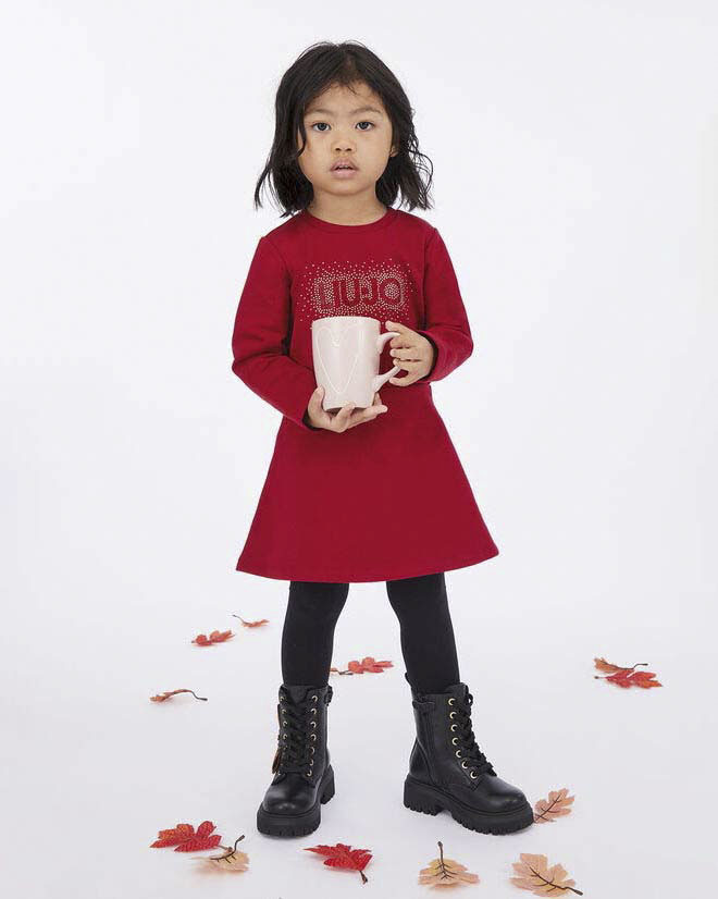 Abito Liu Jo rosso fit and flare a maniche lunghe con logo strass