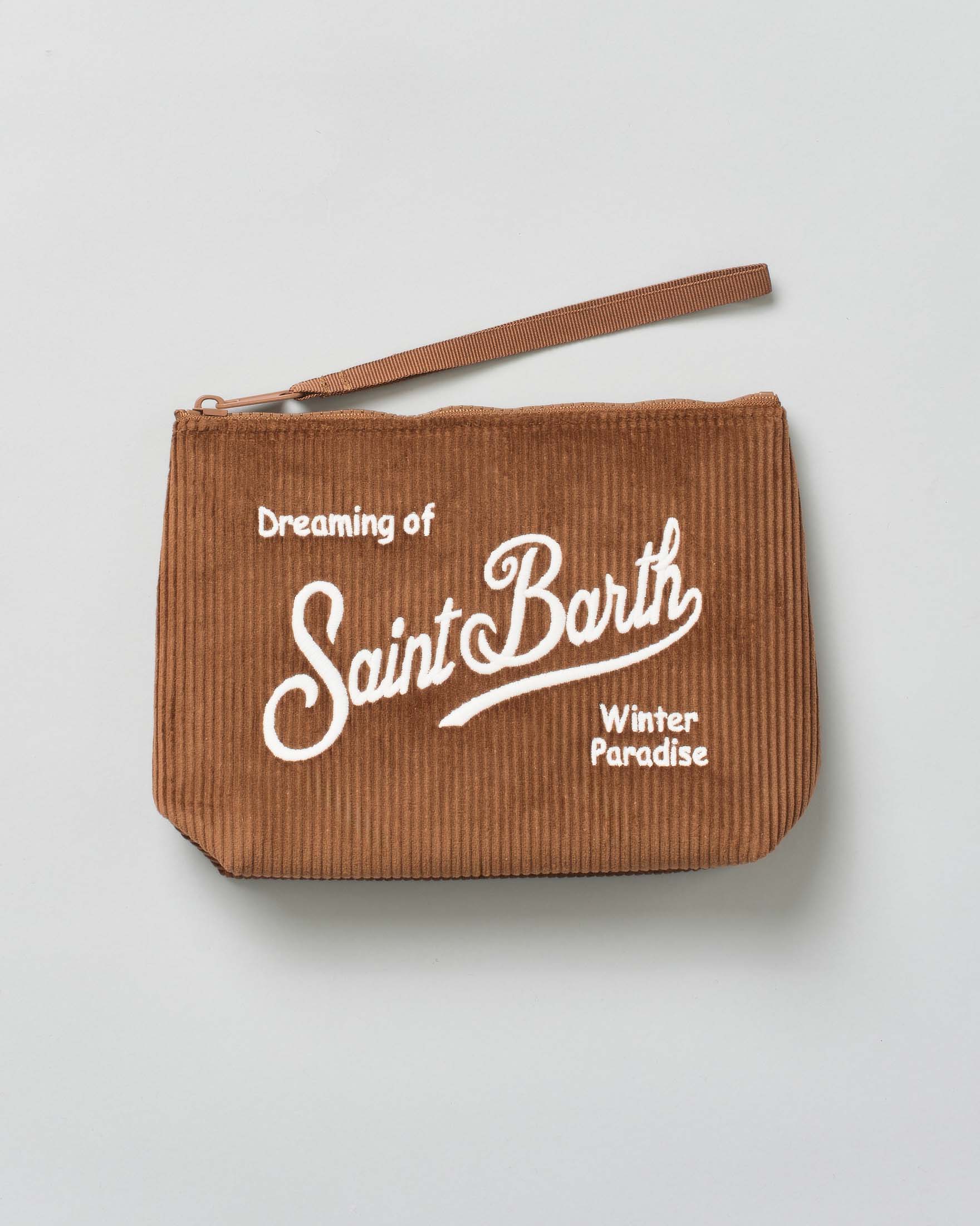 Pochette Aline MC2 Saint Barth cuoio in velluto a coste con scritta logo ricamata a contrasto