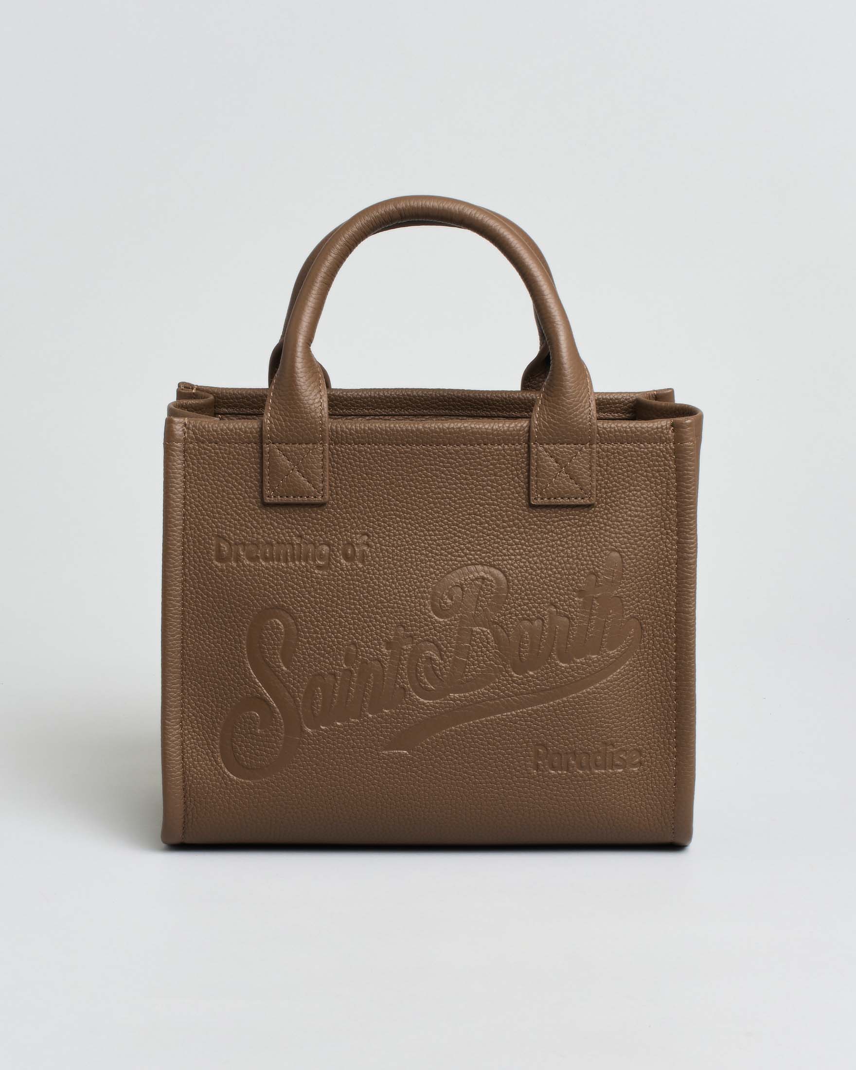 Borsa midi Vanity marrone in pelle martellata con scritta logo impressa