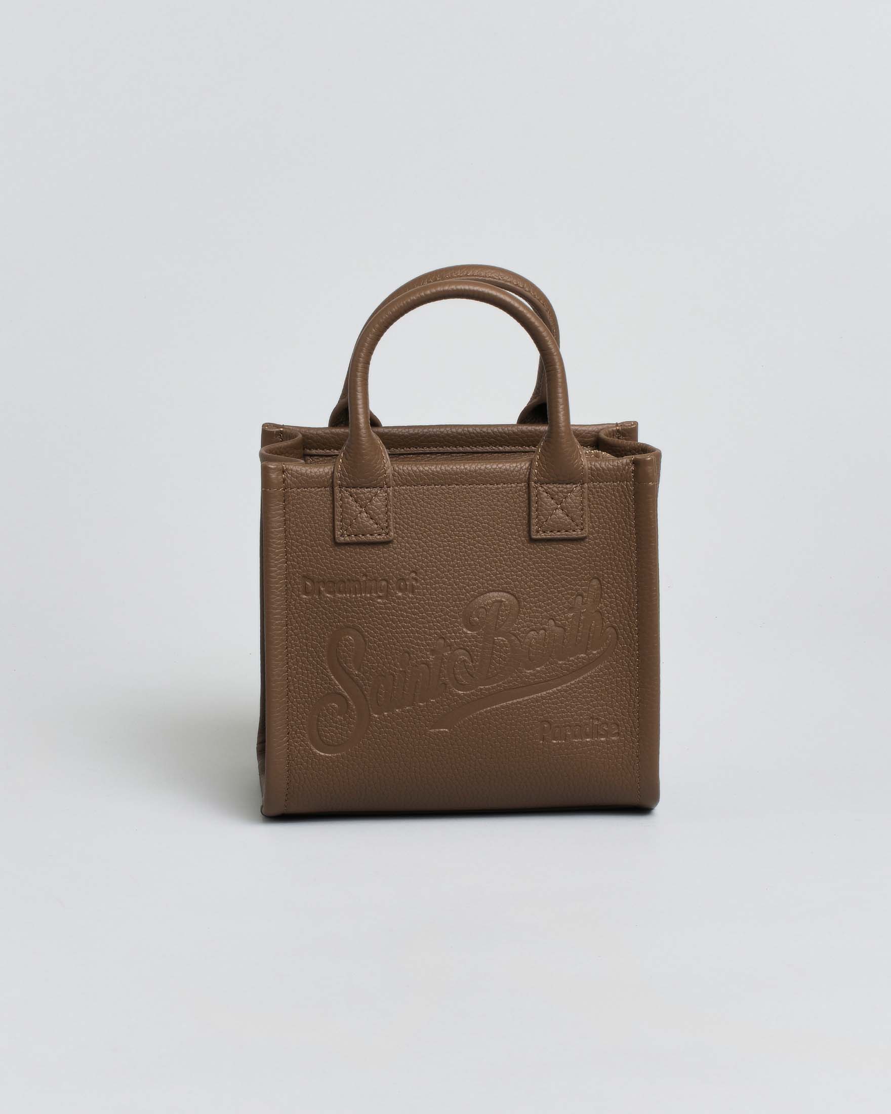 Borsa mini Vanity marrone in pelle martellata con scritta logo impressa