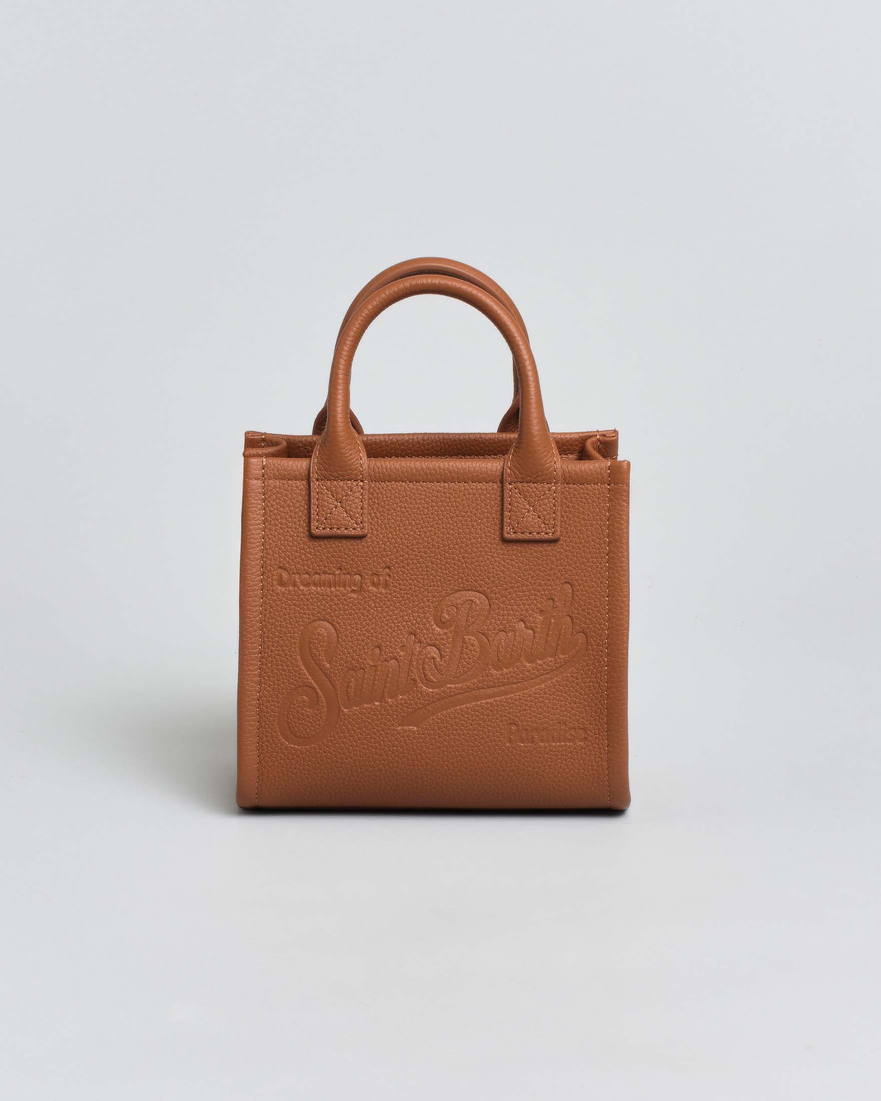 Borsa mini Vanity color cuoio in pelle martellata con scritta logo impressa