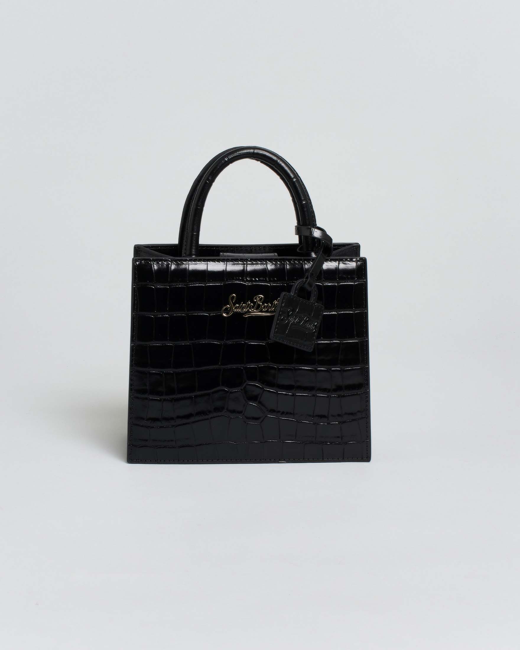 Borsa a mano mini nera in pelle stampa cocco con scritta logo dorata e tracolla più lunga rimovibile