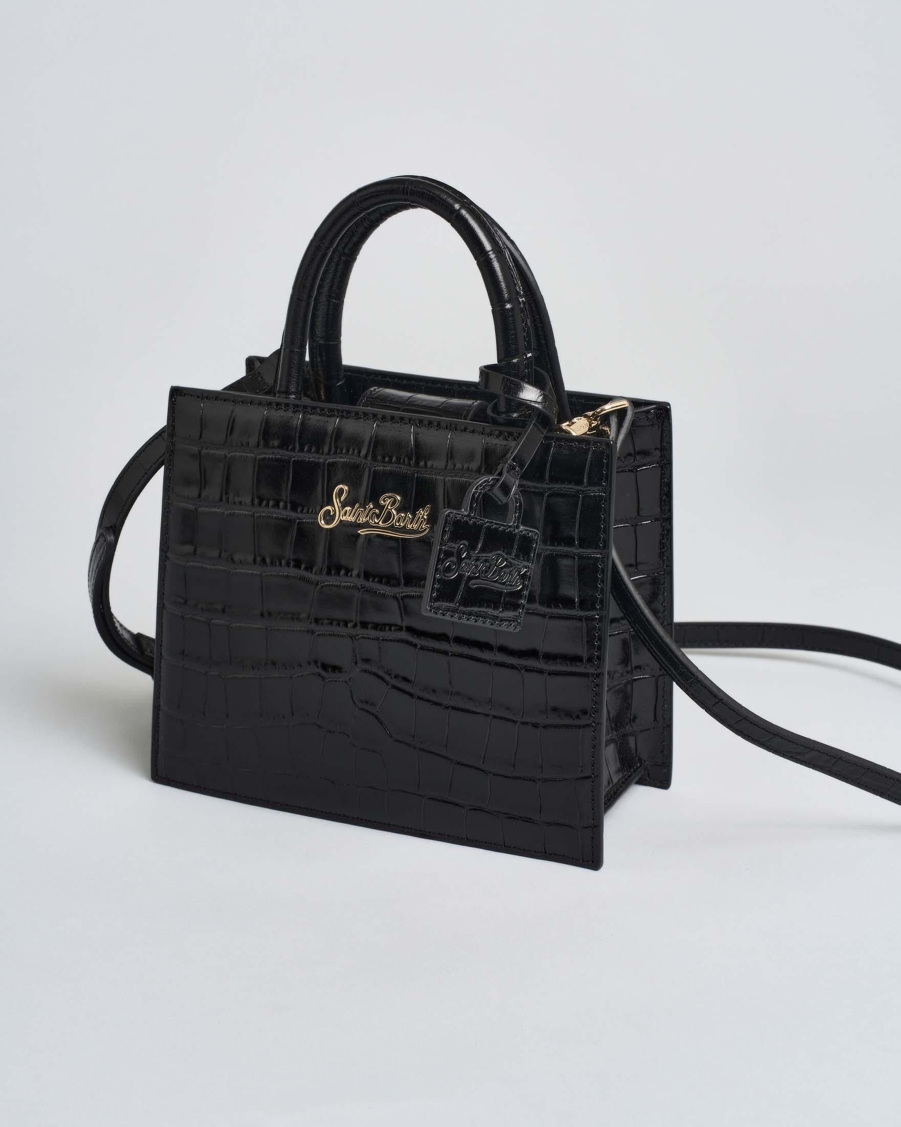 Borsa a mano mini MC2 Saint Barth nera in pelle stampa cocco con scritta logo dorata e tracolla più lunga rimovibile image