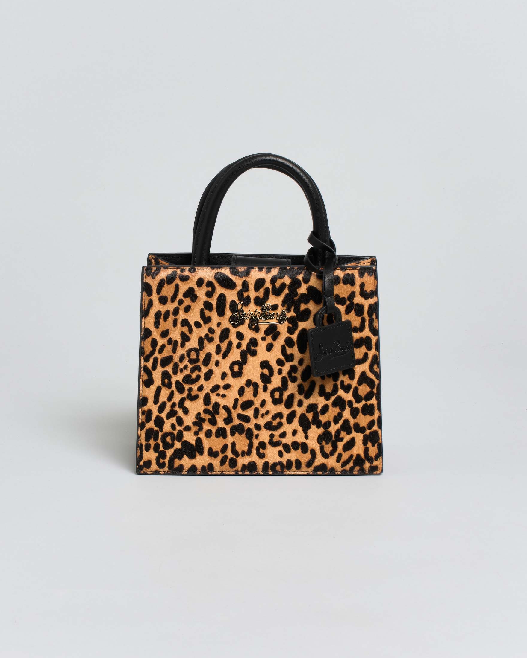 Borsa a mano mini MC2 Saint Barth in cavallino a stampa leoardata con tracolla più lunga rimovibile